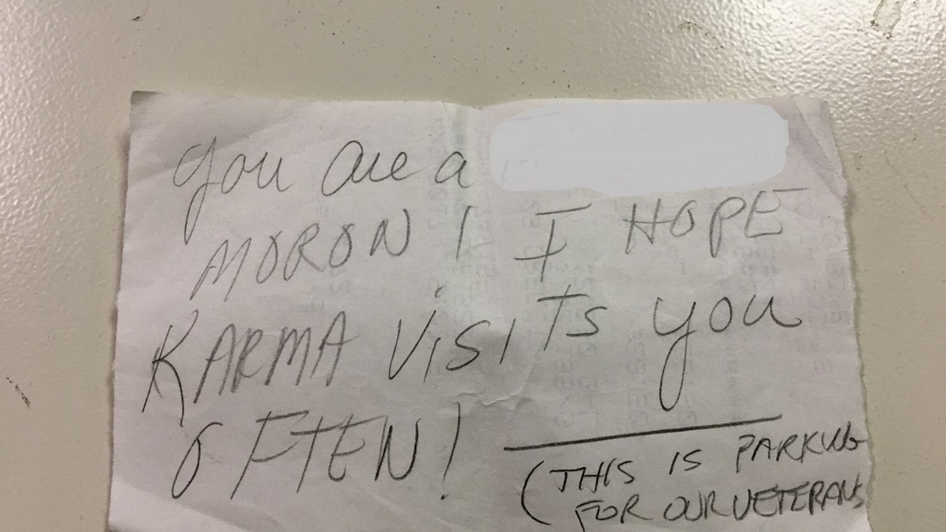 Rod Boyle, a 20-year U.S. Navy veteran, found the nasty note on his car in parked in a veteran-designated spot at a Harris Teeter on Saturday. (Rod Boyle)
