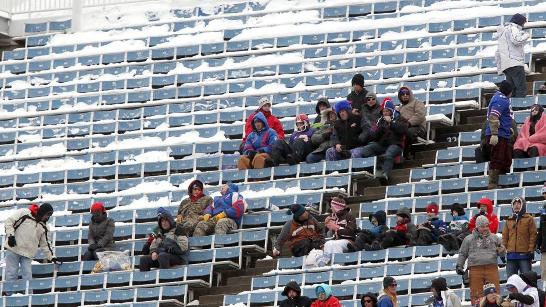 ORCHARD PARK, NY - DECEMBER 30: View of fans in snow-covered seats during the game against the New York Jets and the Buffalo Bills when the Buffalo Bills host the New York Jets at Ralph Wilson Stadium on December 30, 2012 in Orchard Park, New York. (Photo by Al Pereira/New York Jets/Getty Images)