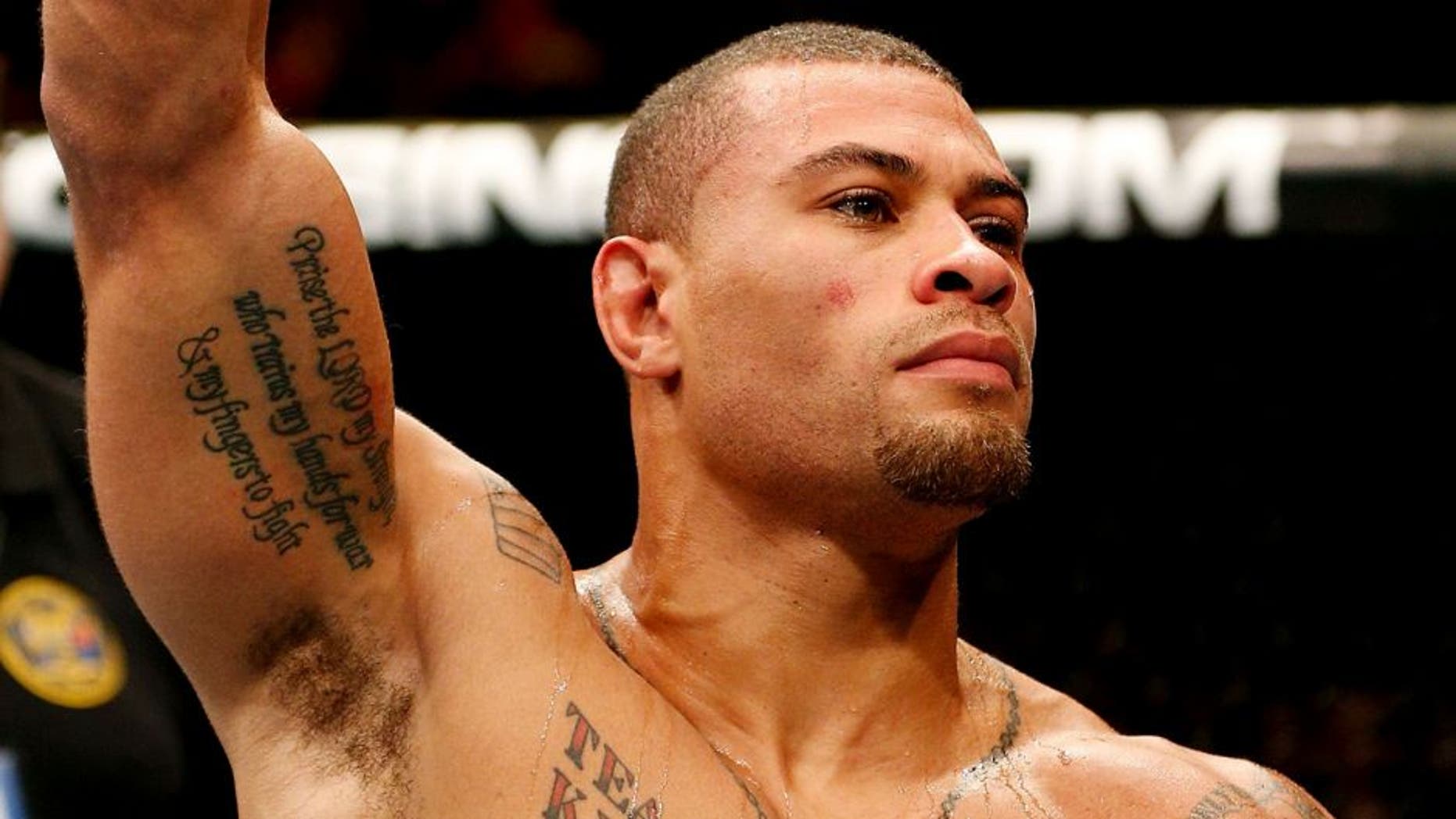 NEWARK, NJ - FEBRUARY 01: Abel Trujillo reacts after his knockout victory over Jamie Varner in their lightweight fight at the UFC 169 event inside the Prudential Center on February 1, 2014 in Newark, New Jersey. (Photo by Josh Hedges/Zuffa LLC/Zuffa LLC via Getty Images)