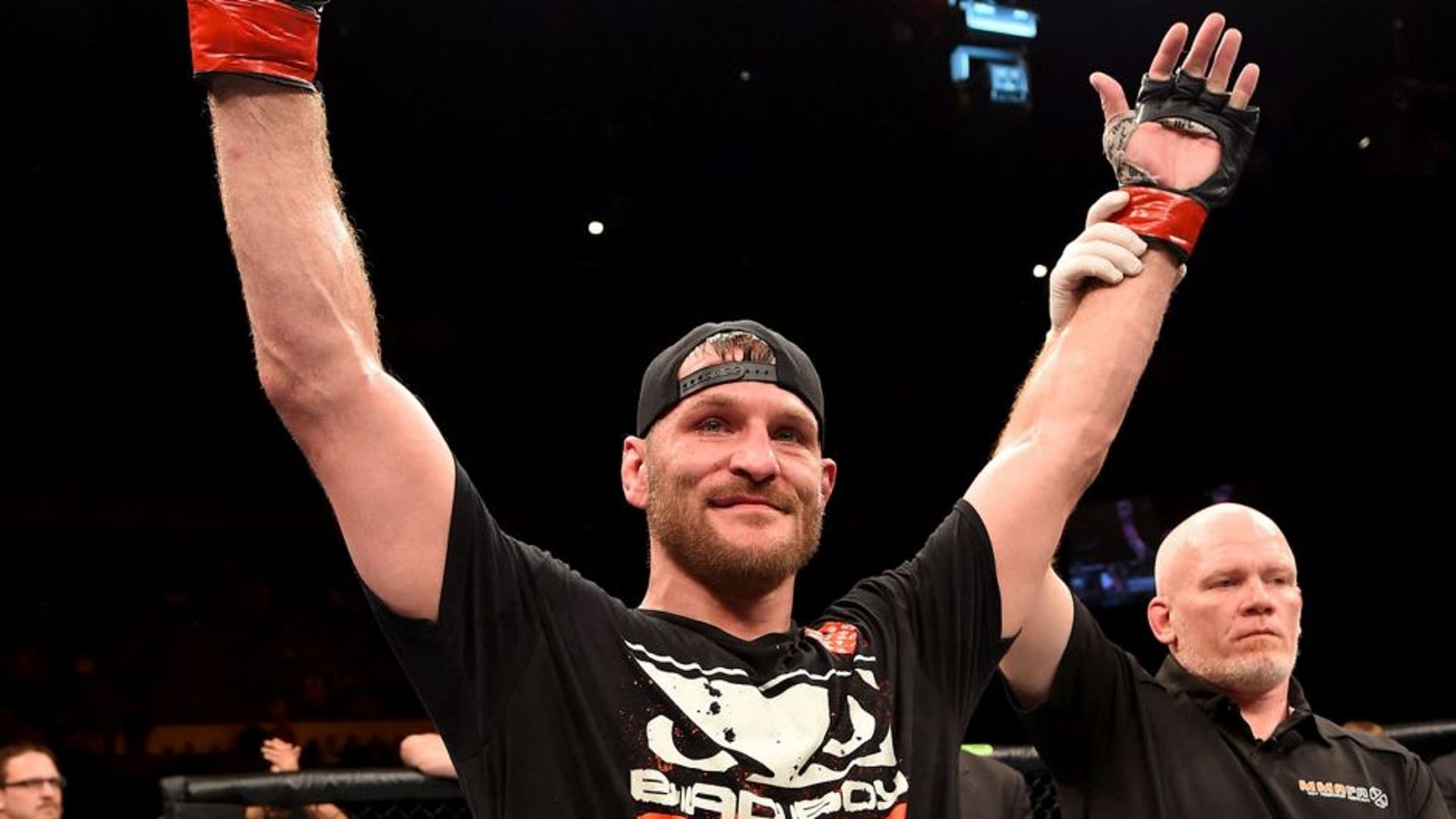 ADELAIDE, AUSTRALIA - MAY 10: Stipe Miocic celebrates his TKO victory over Mark Hunt in their heavyweight bout during the UFC Fight Night event at the Adelaide Entertainment Centre on May 10, 2015 in Adelaide, Australia. (Photo by Josh Hedges/Zuffa LLC/Zuffa LLC via Getty Images)