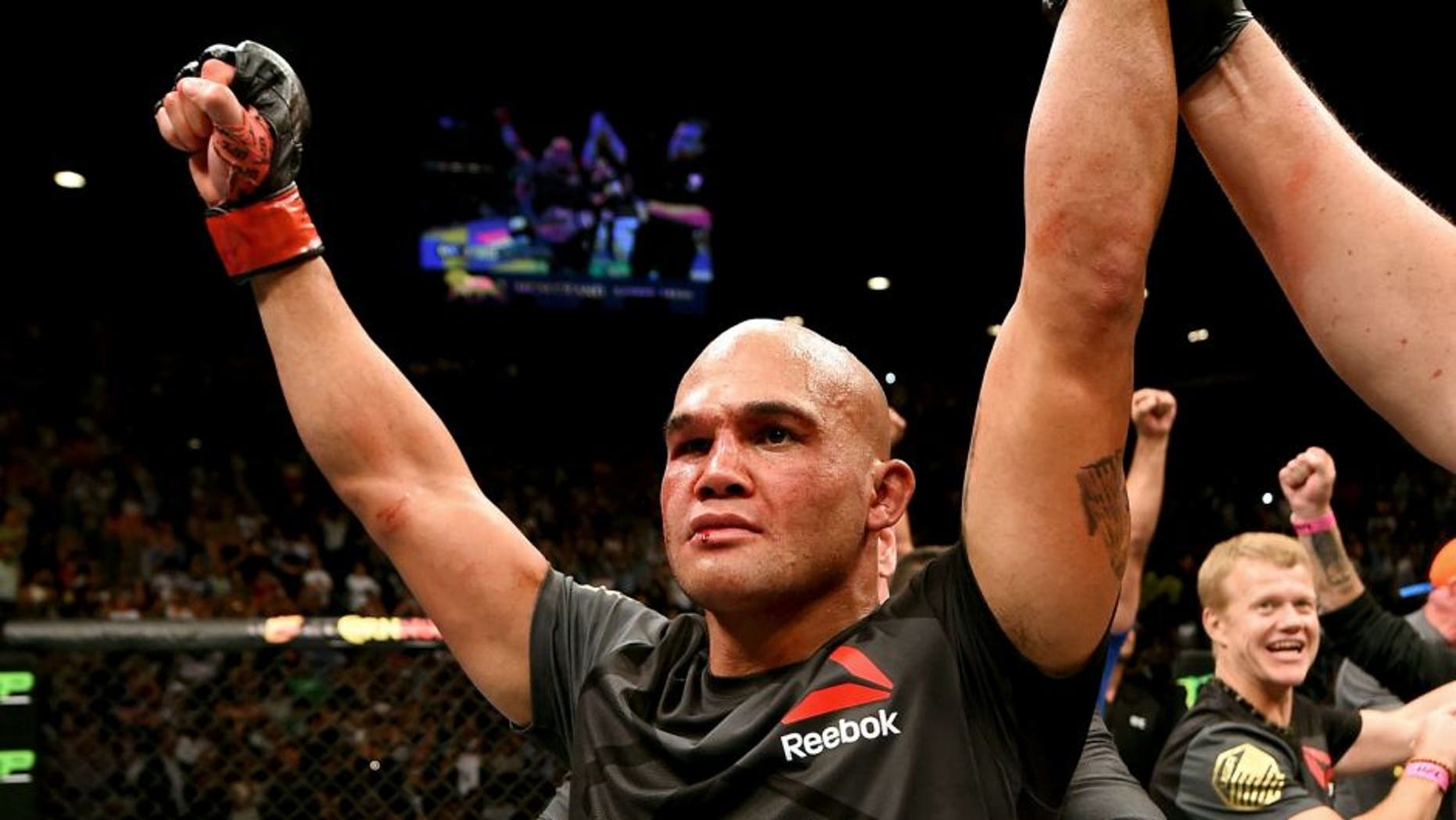 LAS VEGAS, NV - JULY 11: Robbie Lawler reacts to his victory over Rory MacDonald in their UFC welterweight title fight during the UFC 189 event inside MGM Grand Garden Arena on July 11, 2015 in Las Vegas, Nevada. (Photo by Josh Hedges/Zuffa LLC/Zuffa LLC via Getty Images)