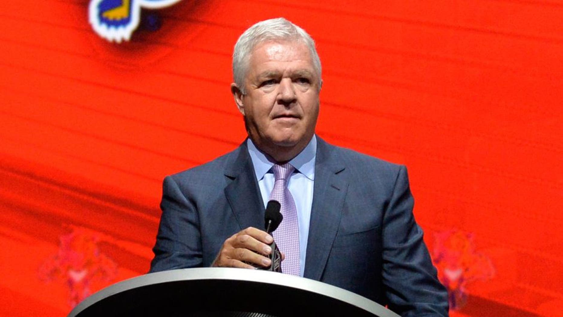 Jun 26, 2015; Sunrise, FL, USA; Florida Panthers general manager Dale Tallon addresses the crowd in the first round of the 2015 NHL Draft at BB&T Center. Mandatory Credit: Steve Mitchell-USA TODAY Sports