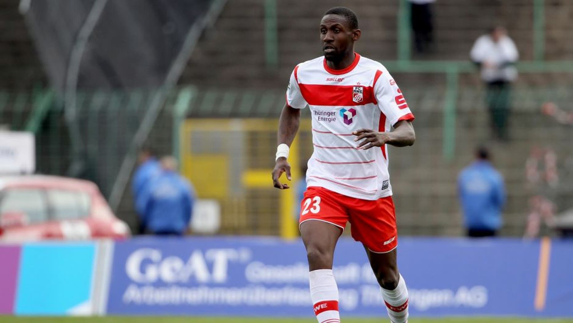 ERFURT, GERMANY - APRIL 11: Steve Gohouri of Erfurt during the Third League match between FC Rot Weiss Erfurt and Hallescher FC at Steigerwaldstadion on April 11, 2015 in Erfurt, Germany. (Photo by Karina Hessland/Bongarts/Getty Images)