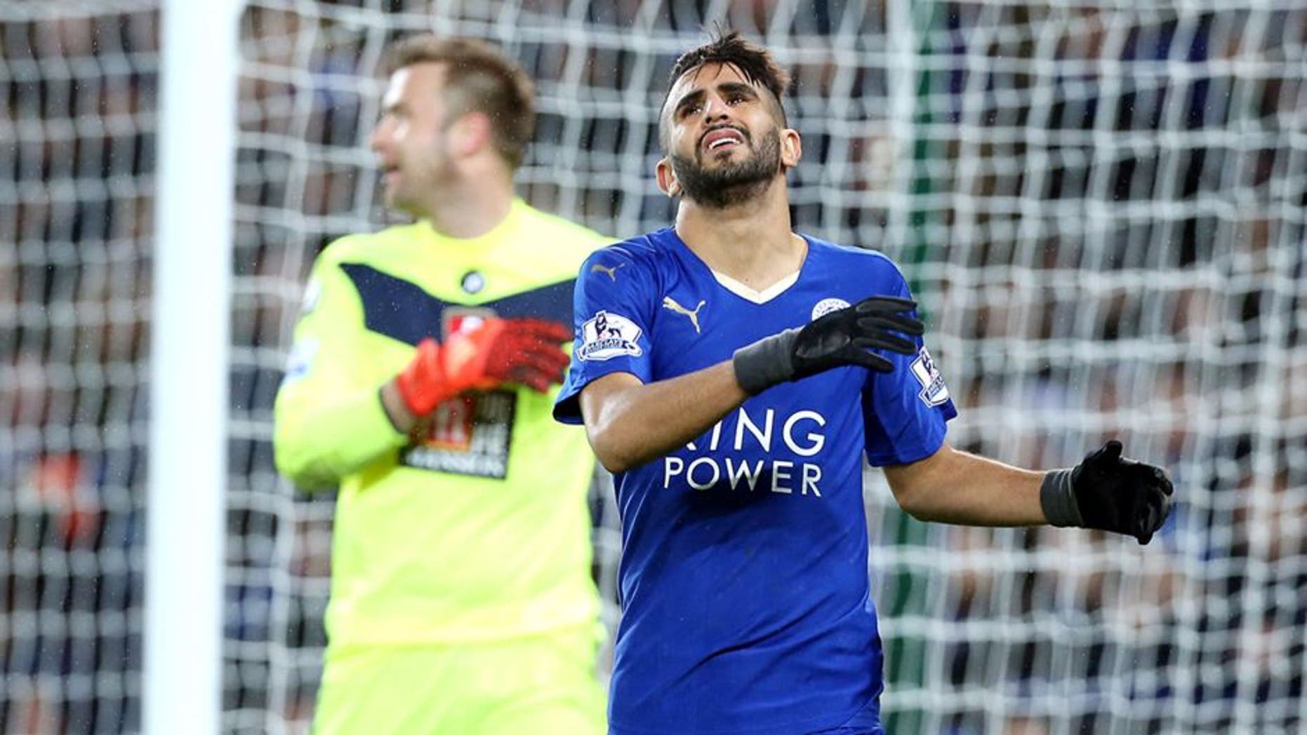 LEICESTER, ENGLAND - JANUARY 02 : Riyad Mahrez of Leicester shows his frustration during the Barclays Premier League match between Leicester City and Bournemouth at the King Power Stadium on January 2, 2016 in Leicester, United Kingdom. (Photo by Plumb Images/Leicester City FC via Getty Images)
