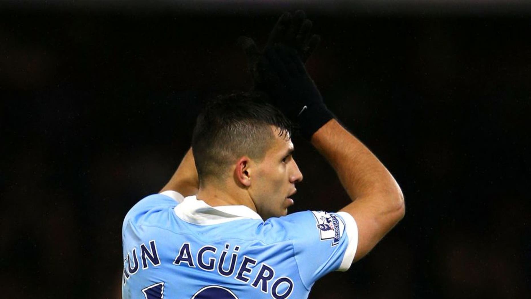 WATFORD, ENGLAND - JANUARY 02: Sergio Aguero of Manchester City celebrates scoring his side's second goal during the Barclays Premier League match between Watford and Manchester City at Vicarage Road on January 2, 2016 in Watford, England. (Photo by Ian Walton/Getty Images)