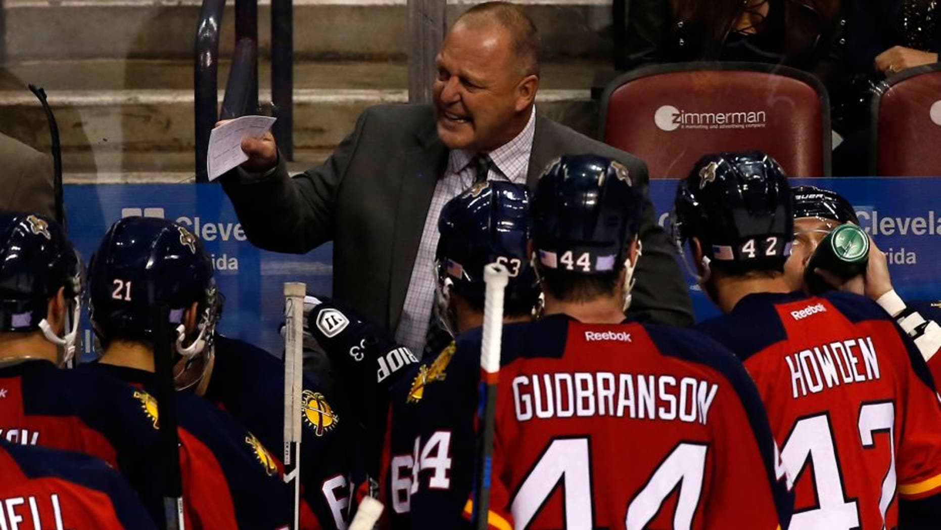 Nov 10, 2015; Sunrise, FL, USA; Florida Panthers head coach Gerard Gallant talks to the team in the third period of a game against the Calgary Flames at BB&T Center. The Panthers won 4-3. Mandatory Credit: Robert Mayer-USA TODAY Sports