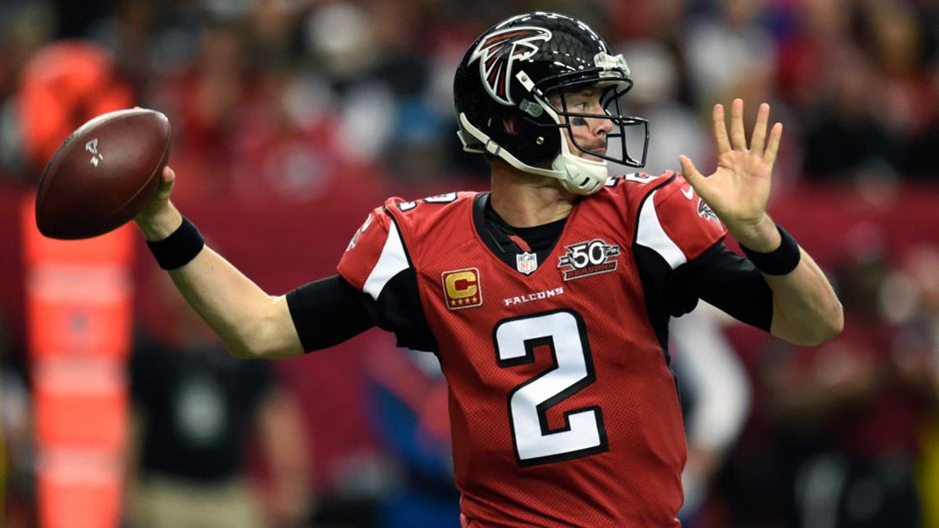 Jan 3, 2016; Atlanta, GA, USA; Atlanta Falcons quarterback Matt Ryan (2) passes the football against the New Orleans Saints during the second quarter at the Georgia Dome. Mandatory Credit: Dale Zanine-USA TODAY Sports