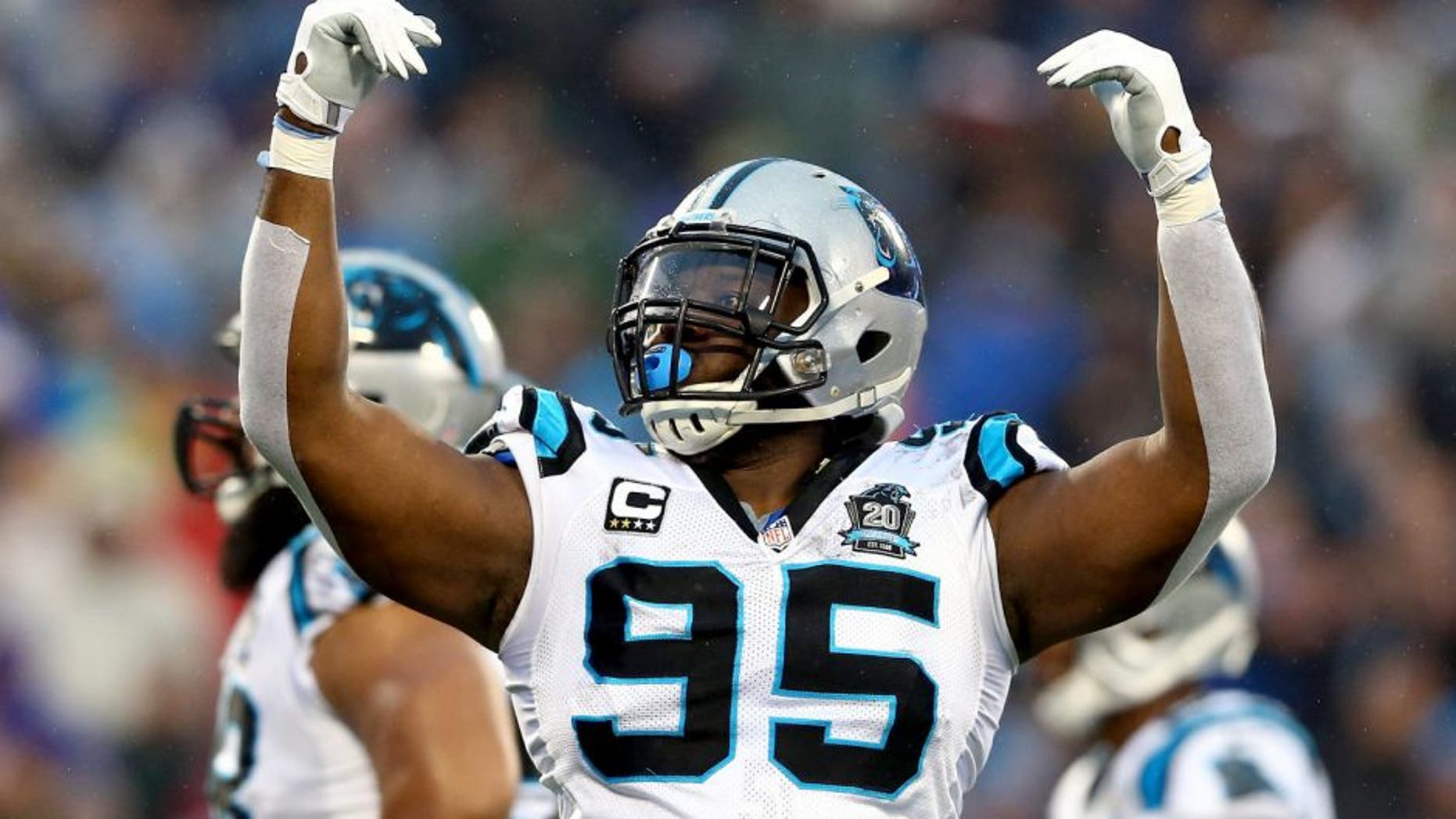 CHARLOTTE, NC - JANUARY 03: Charles Johnson #95 of the Carolina Panthers celebrates during their NFC Wild Card Playoff game against the Arizona Cardinals at Bank of America Stadium on January 3, 2015 in Charlotte, North Carolina. (Photo by Streeter Lecka/Getty Images)