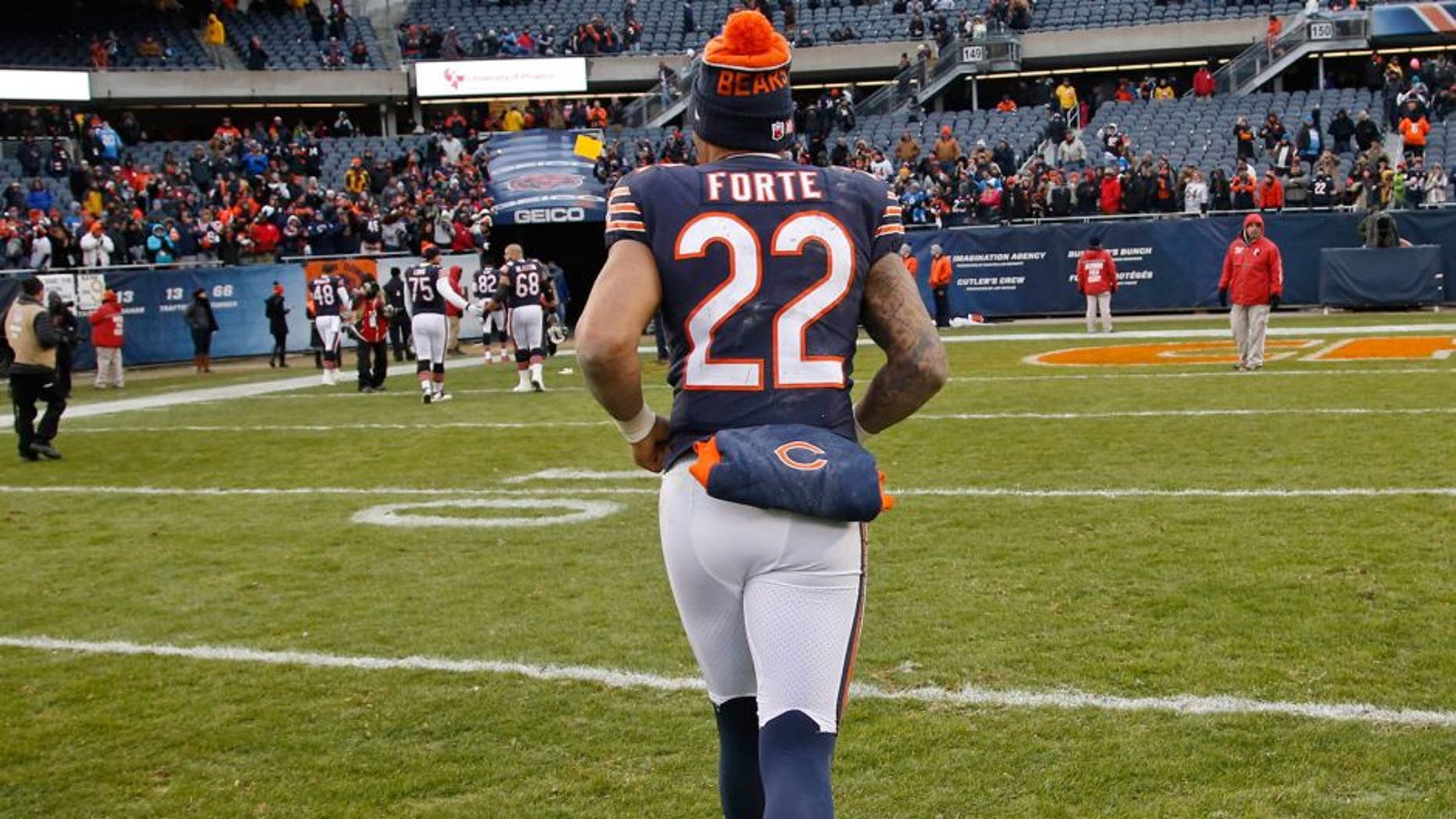 Jan 3, 2016; Chicago, IL, USA; Chicago Bears running back Matt Forte (22) runs off the field after the NFL game against the Detroit Lions at Soldier Field. The Lions won 24-20. Mandatory Credit: Kamil Krzaczynski-USA TODAY Sports