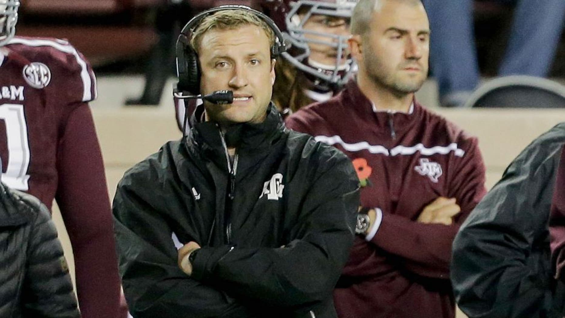 COLLEGE STATION, TX - NOVEMBER 07: Texas A&M Aggies offensive coordinator Jake Spavital at Kyle Field on November 7, 2015 in College Station, Texas. (Photo by Bob Levey/Getty Images)