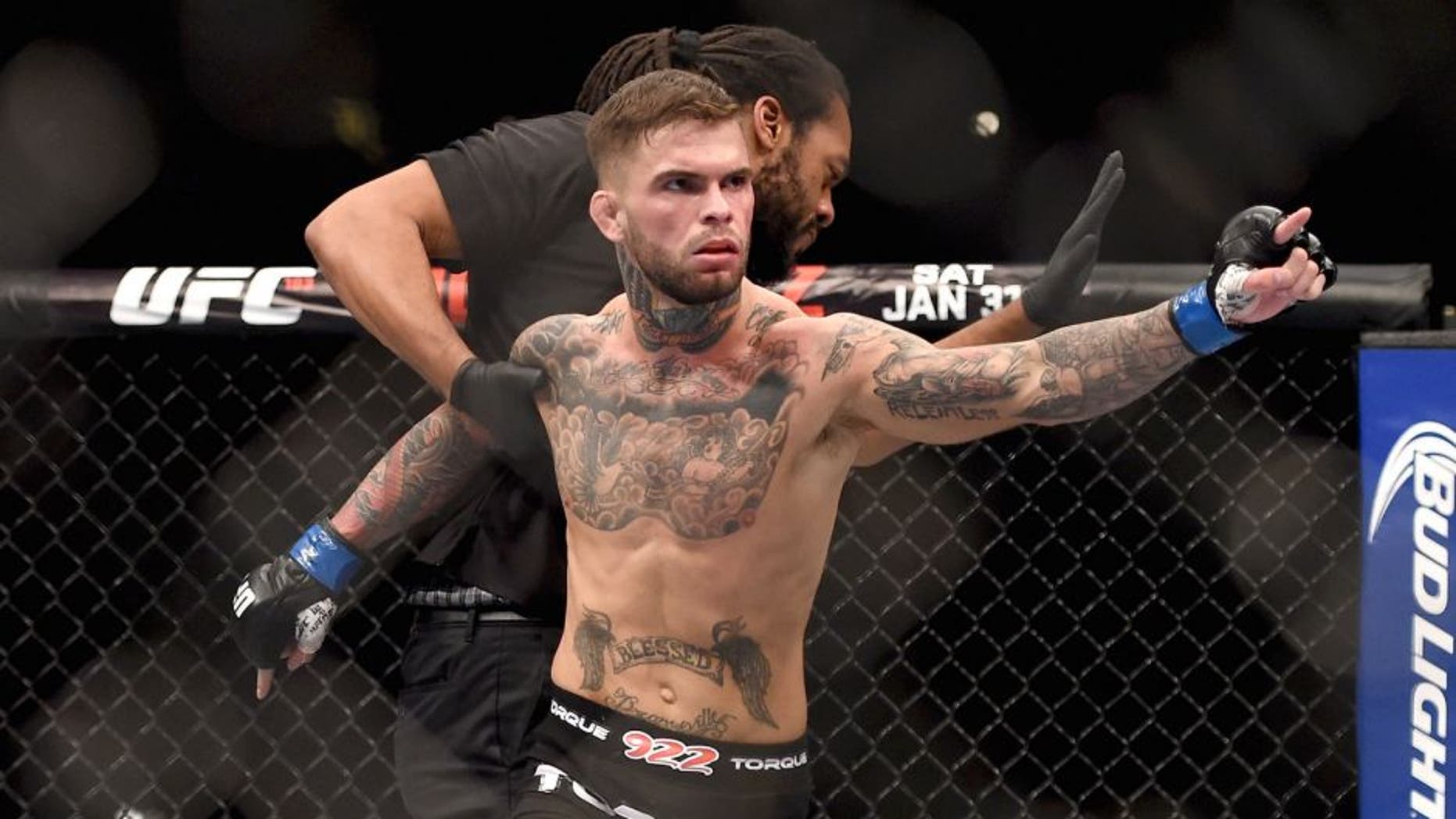 LAS VEGAS, NV - JANUARY 03: Cody Garbrandt celebrates his win over Marcus Brimage in their bantamweight bout during the UFC 182 event at the MGM Grand Garden Arena on January 3, 2015 in Las Vegas, Nevada. (Photo by Jeff Bottari/Zuffa LLC/Zuffa LLC via Getty Images)