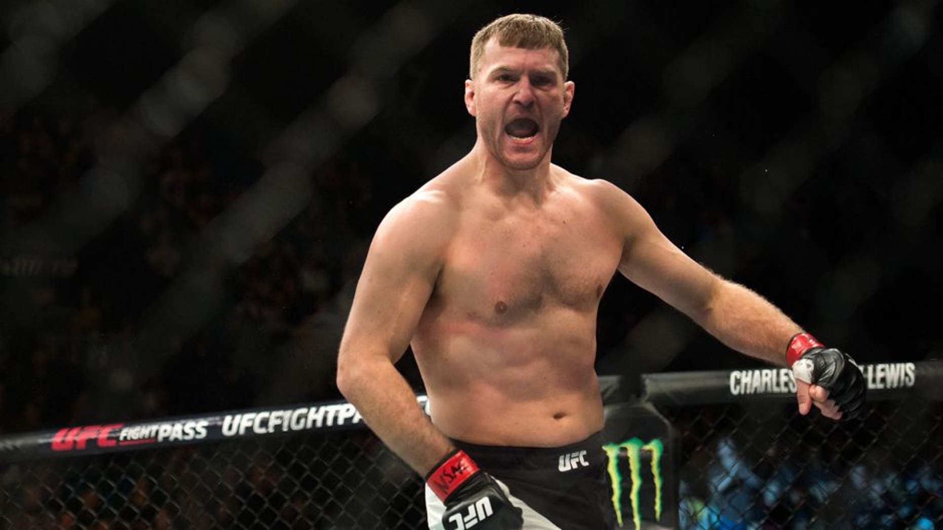 LAS VEGAS, NV - JANUARY 02: Stipe Miocic celebrates his knockout victory over Andrei Arlovski in their heavyweight fight during the UFC 195 event inside MGM Grand Garden Arena on January 2, 2016 in Las Vegas, Nevada. (Photo by Brandon Magnus/Zuffa LLC/Zuffa LLC via Getty Images)