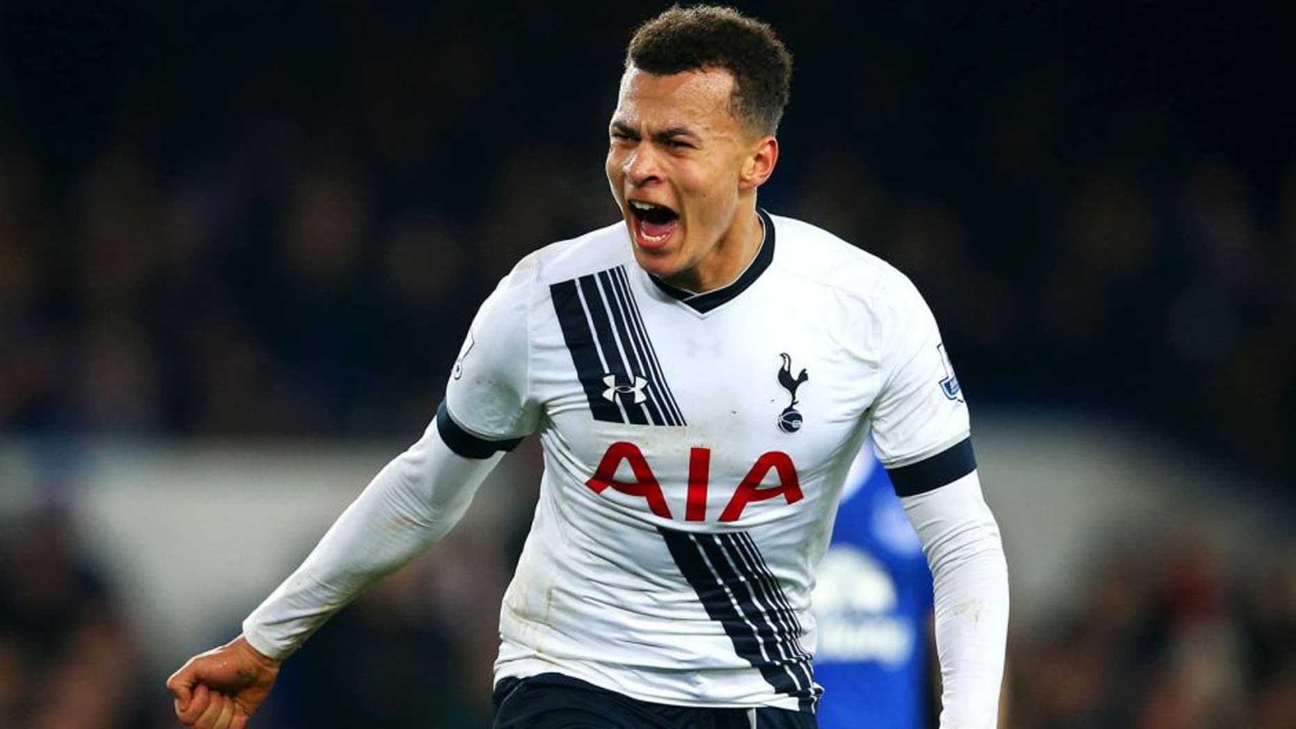 LIVERPOOL, ENGLAND - JANUARY 03: Dele Alli of Tottenham Hotspur celebrates after scoring his team's first goal during the Barclays Premier League match between Everton and Tottenham Hotspur at Goodison Park on January 3, 2016 in Liverpool, England. (Photo by Alex Livesey/Getty Images)