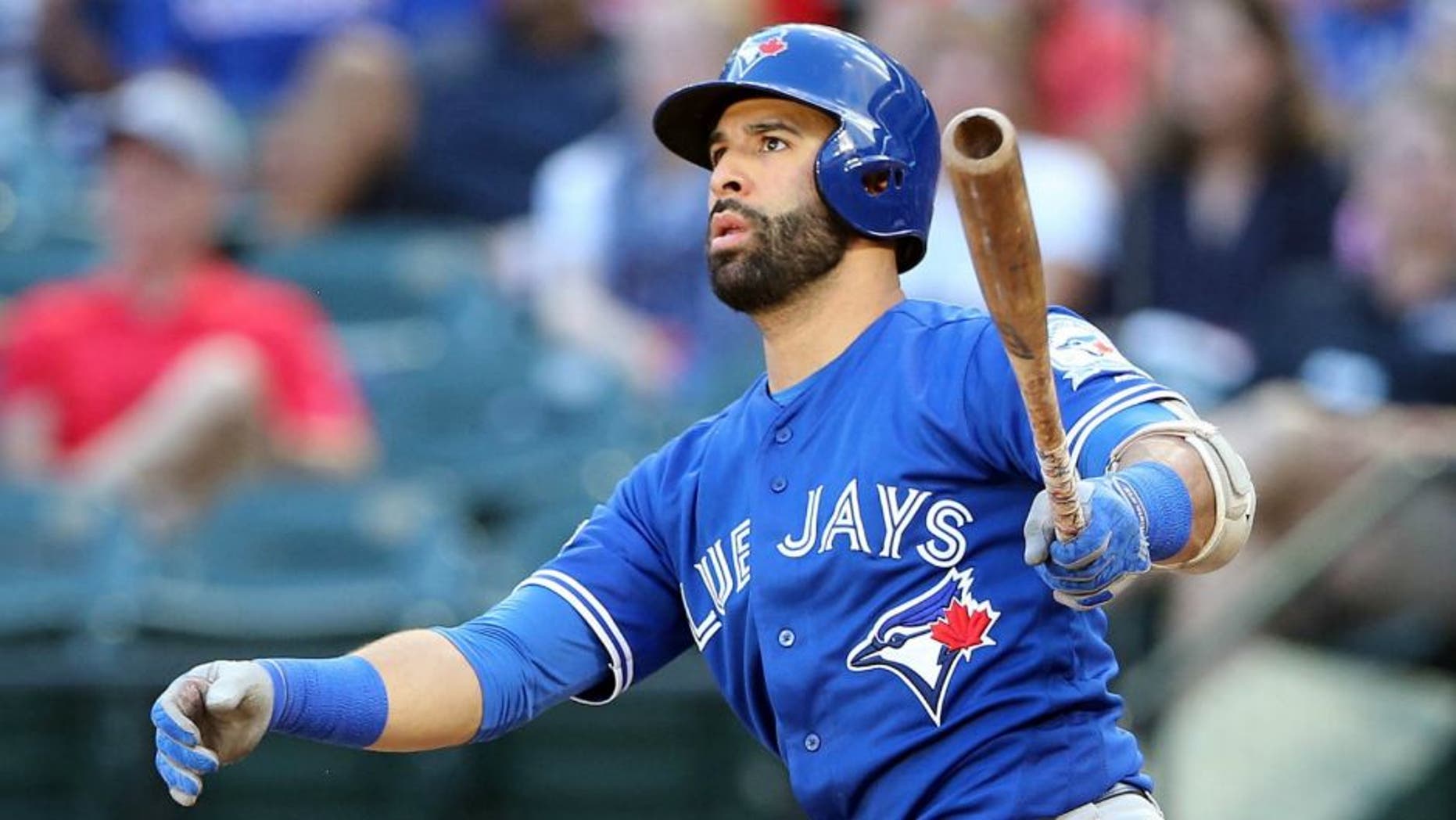 October 6, 2016; Arlington, TX, USA; Toronto Blue Jays right fielder Jose Bautista (19) hits a three run home run in the ninth inning against the Texas Rangers during game one of the 2016 ALDS playoff baseball game at Globe Life Park in Arlington. Mandatory Credit: Kevin Jairaj-USA TODAY Sports