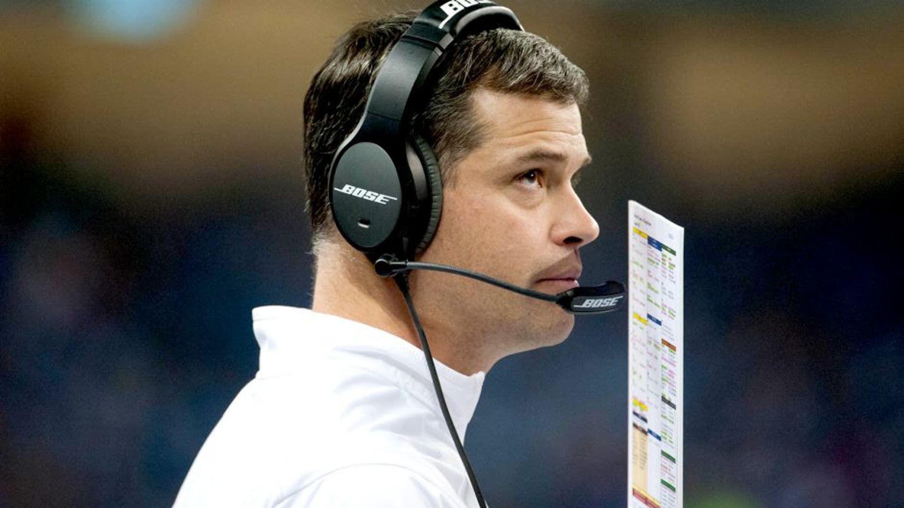 Nov 27, 2014; Detroit, MI, USA; Detroit Lions offensive coordinator Joe Lombardi during the third quarter against the Chicago Bears at Ford Field. Detroit won 34-17. Mandatory Credit: Tim Fuller-USA TODAY Sports