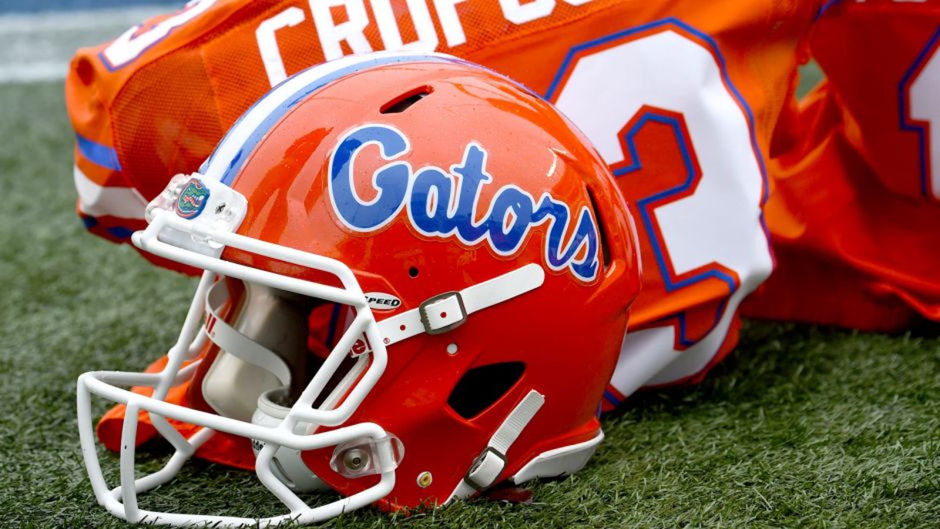 Jan 3, 2015; Birmingham, AL, USA; A detailed view of the Florida Gators helmet prior to the game against the East Carolina Pirates in the 2015 Birmingham Bowl at Legion Field. Mandatory Credit: Mike DiNovo-USA TODAY Sports