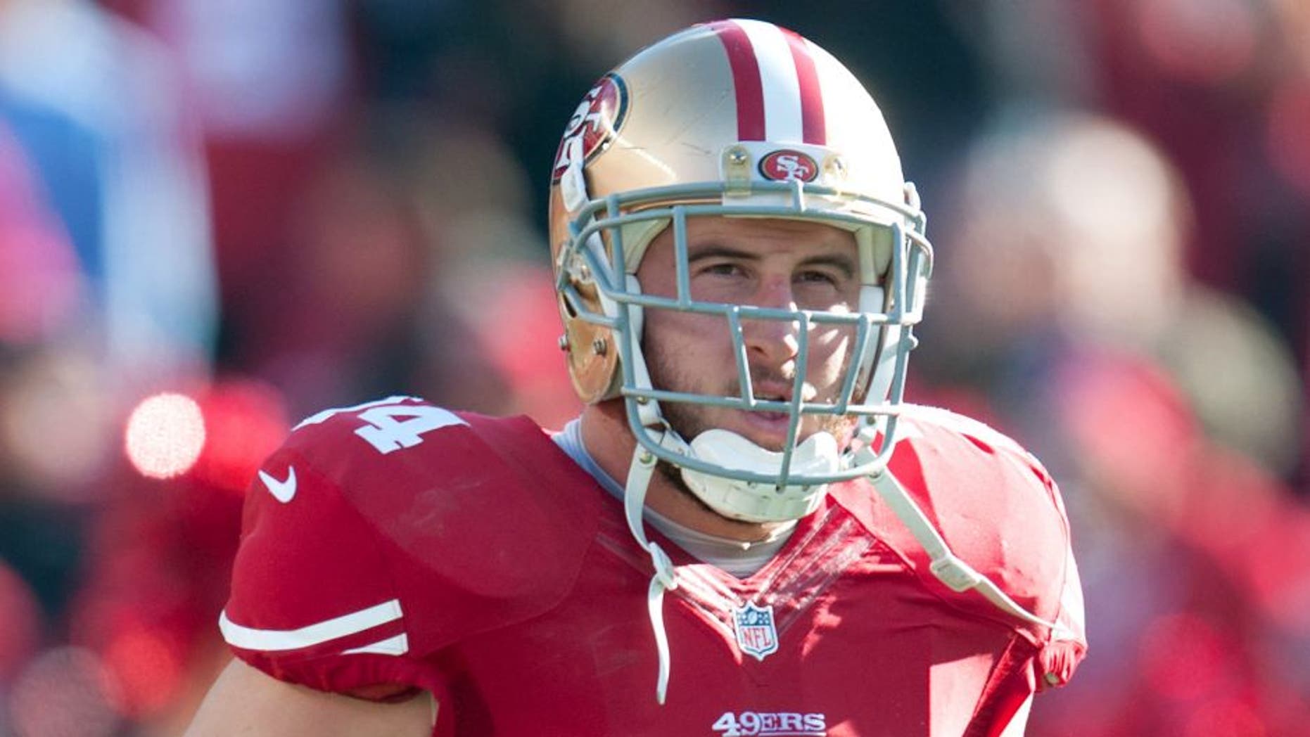 Dec 28, 2014; Santa Clara, CA, USA; San Francisco 49ers tackle Joe Staley (74) runs onto the field before the game against the Arizona Cardinals at Levi's Stadium. Mandatory Credit: Ed Szczepanski-USA TODAY Sports