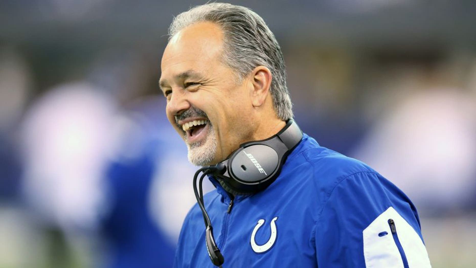 INDIANAPOLIS, IN - JANUARY 03: Head coach Chuck Pagano of the Indianapolis Colts laughs during the game against the Tennessee Titans at Lucas Oil Stadium on January 3, 2016 in Indianapolis, Indiana. (Photo by Andy Lyons/Getty Images)