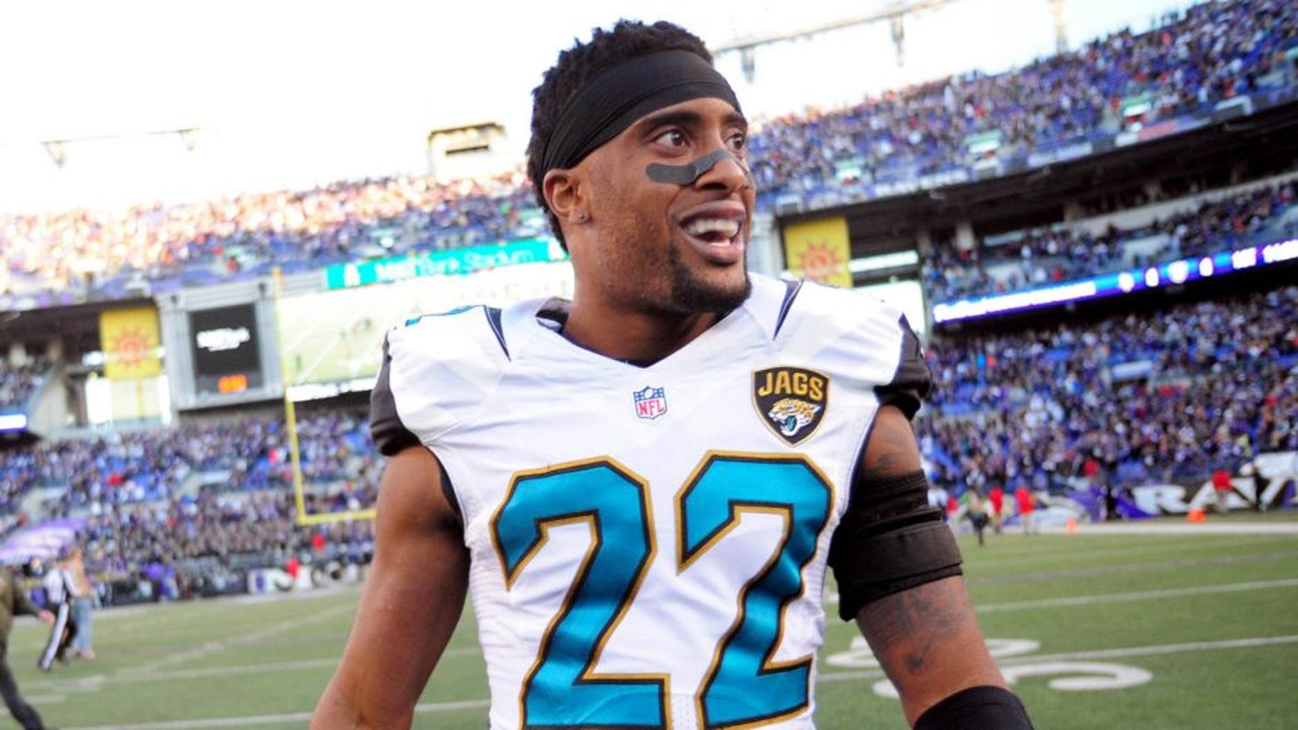 Nov 15, 2015; Baltimore, MD, USA; Jacksonville Jaguars cornerback Aaron Colvin (22) reacts after beating the Baltimore Ravens 22-20 at M&T Bank Stadium. Mandatory Credit: Evan Habeeb-USA TODAY Sports