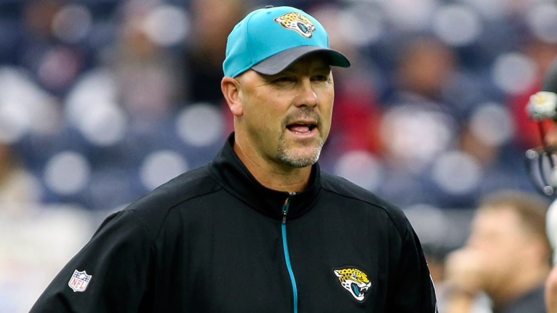 Jan 3, 2016; Houston, TX, USA; Jacksonville Jaguars head coach Gus Bradley looks on from the field prior to the game against the Houston Texans at NRG Stadium. Mandatory Credit: Troy Taormina-USA TODAY Sports