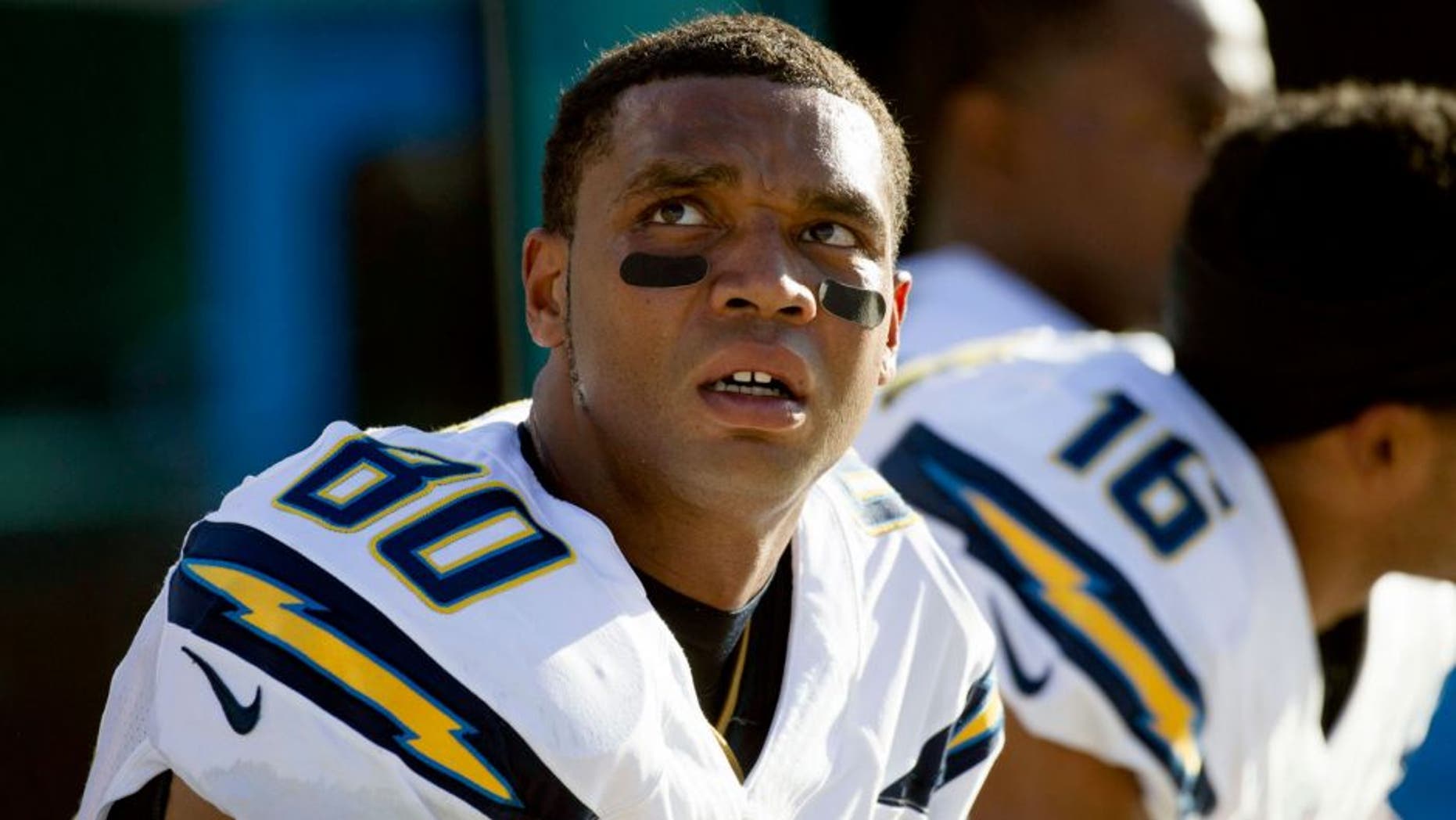 Nov 29, 2015; Jacksonville, FL, USA; San Diego Chargers wide receiver Malcom Floyd (80) looks on from the bench during the third quarter against the Jacksonville Jaguars at EverBank Field. The San Diego Chargers won 31-25. Mandatory Credit: Logan Bowles-USA TODAY Sports
