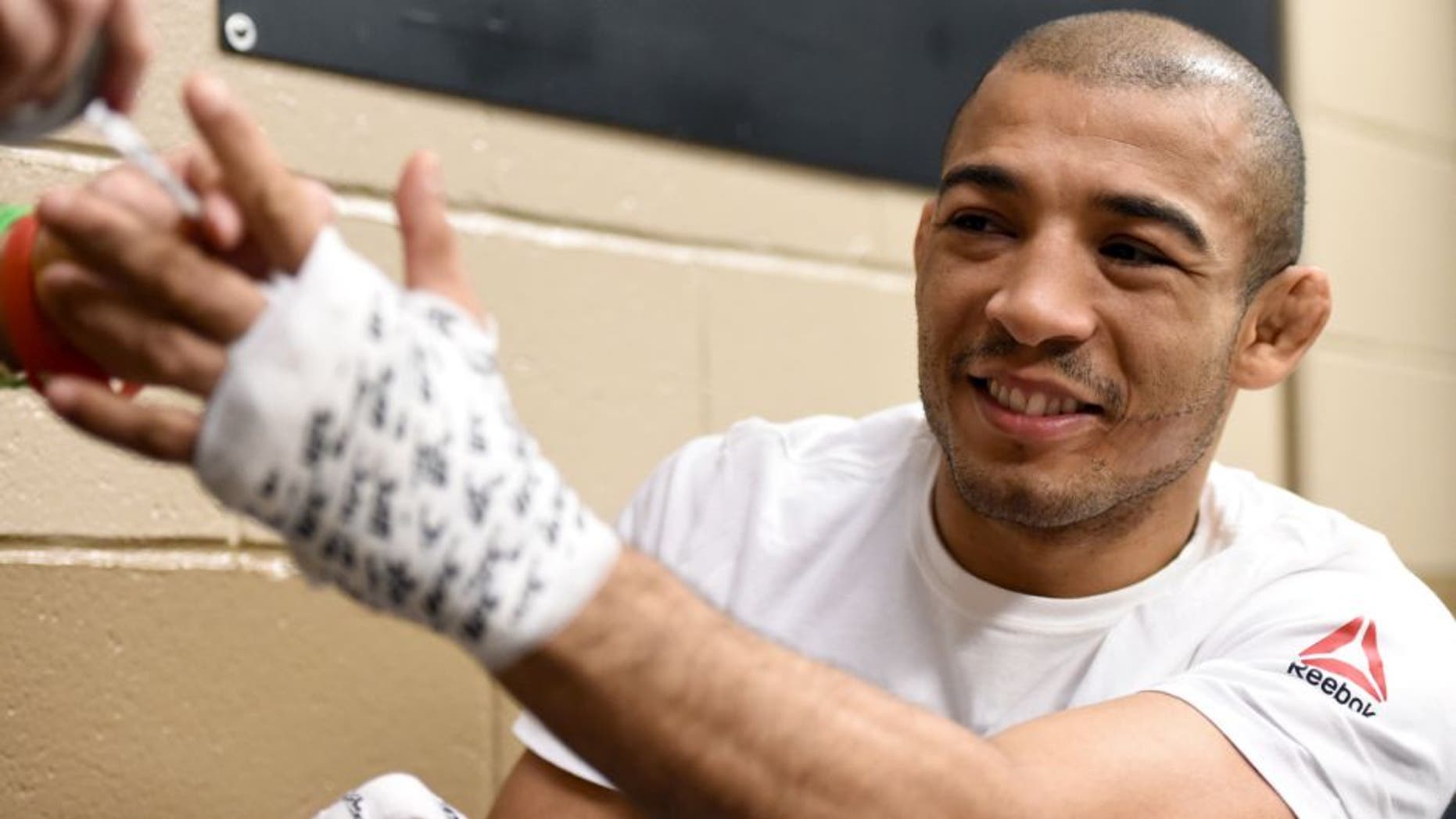 LAS VEGAS, NV - DECEMBER 12: Jose Aldo of Brazil has his hands wrapped backstage during the UFC 194 event inside MGM Grand Garden Arena on December 12, 2015 in Las Vegas, Nevada. (Photo by Mike Roach/Zuffa LLC/Zuffa LLC via Getty Images)