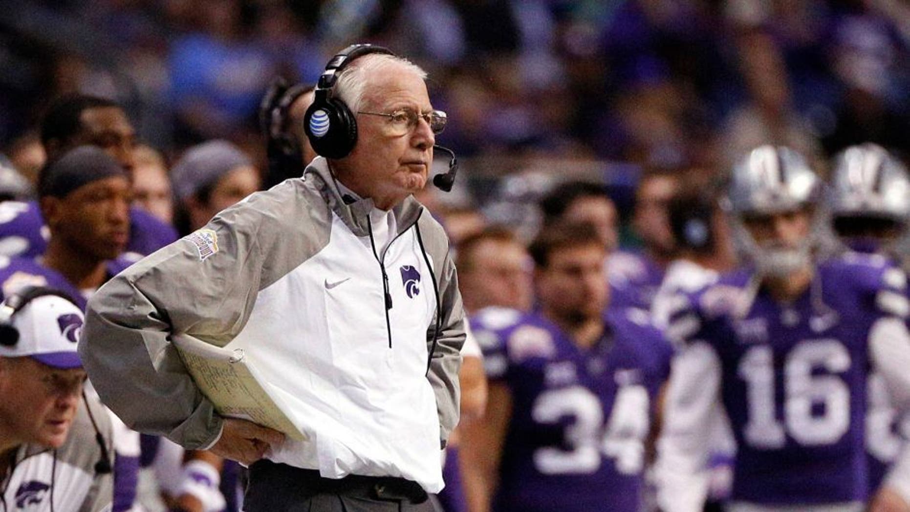 Jan 2, 2015; San Antonio, TX, USA; Kansas State Wildcats head coach Bill Snyder looks onto the field during the second half of the 2015 Alamo Bowl against the UCLA Bruins at Alamodome. The Bruins won 40-35. Mandatory Credit: Soobum Im-USA TODAY Sports