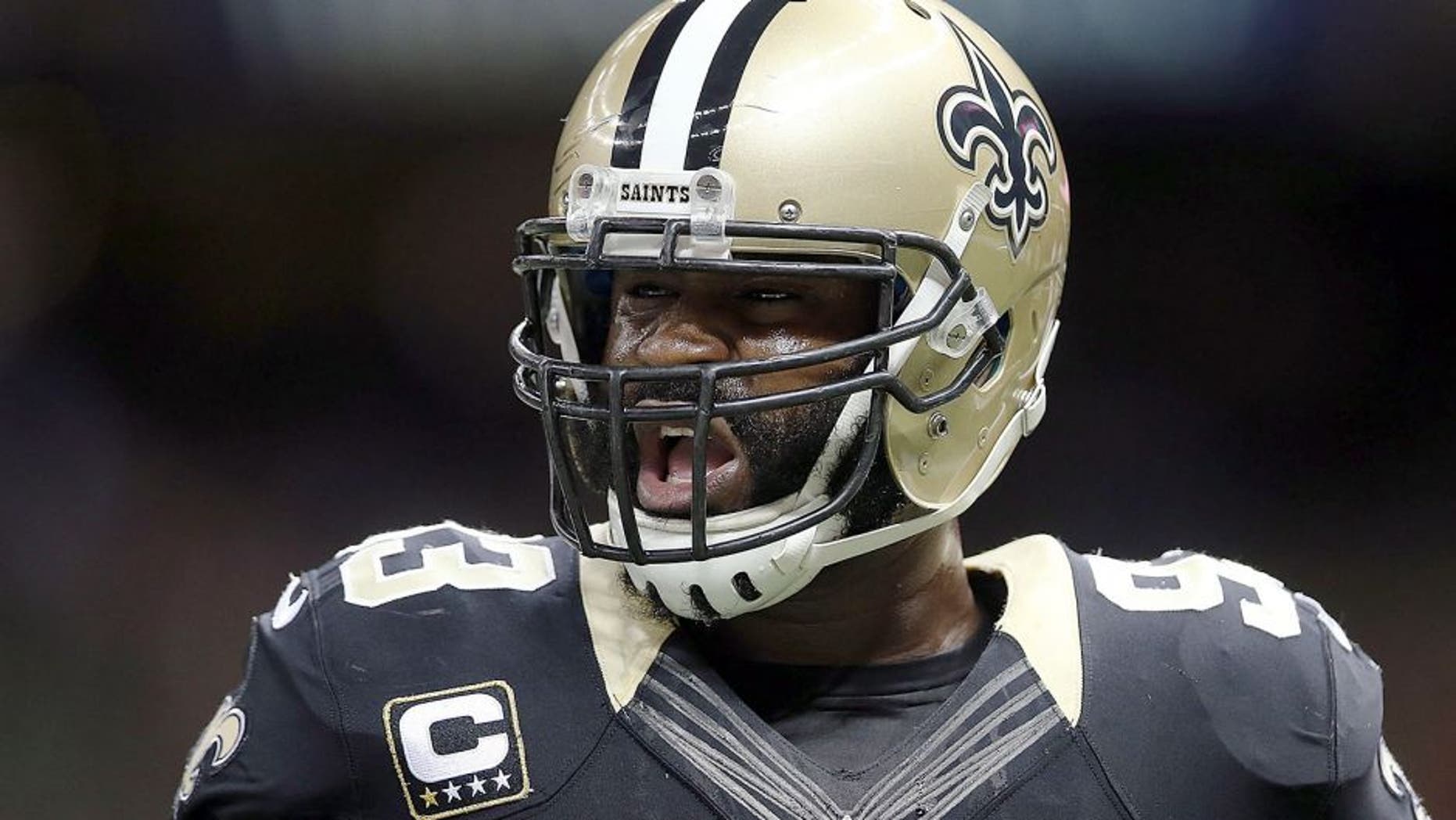 NEW ORLEANS, LA - NOVEMBER 24: Junior Galette #93 of the New Orleans Saints participates in warmups prior to a game against the Baltimore Ravens at the Mercedes-Benz Superdome on November 24, 2014 in New Orleans, Louisiana. (Photo by Chris Graythen/Getty Images)