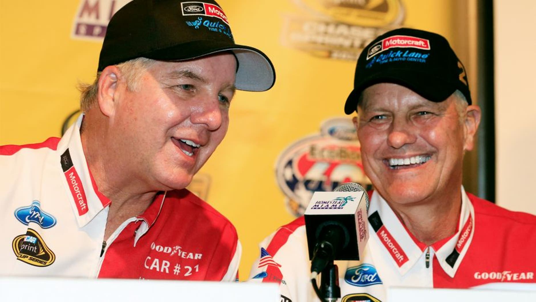 HOMESTEAD, FL - NOVEMBER 20: Len and Eddie Wood attend a press conference at Homestead-Miami Speedway on November 20, 2015 in Homestead, Florida. (Photo by Chris Trotman/NASCAR via Getty Images)