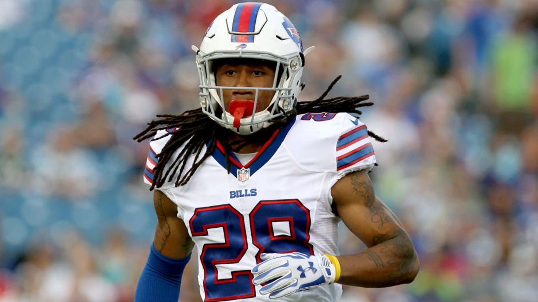 Aug 14, 2015; Orchard Park, NY, USA; Buffalo Bills cornerback Ronald Darby (28) during the first quarter against the Carolina Panthers in a preseason NFL football game at Ralph Wilson Stadium. Mandatory Credit: Timothy T. Ludwig-USA TODAY Sports