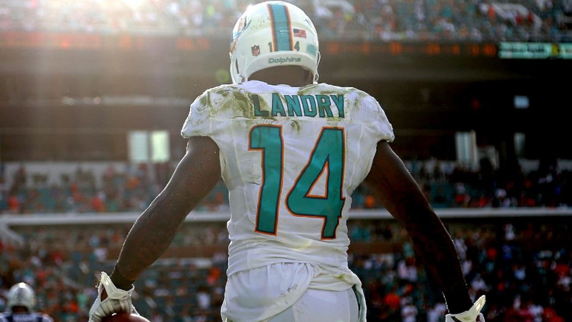 MIAMI GARDENS, FL - DECEMBER 27: Jarvis Landry #14 of the Miami Dolphins reacts to a catch during a game against the Indianapolis Colts at Sun Life Stadium on December 27, 2015 in Miami Gardens, Florida. (Photo by Mike Ehrmann/Getty Images)