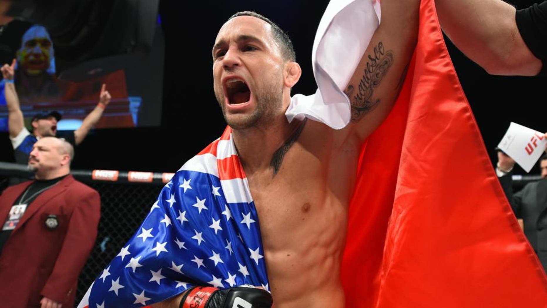 LAS VEGAS, NV - DECEMBER 11: Frankie Edgar reacts to his victory over Chad Mendes in their featherweight bout during the TUF Finale event inside The Chelsea at The Cosmopolitan of Las Vegas on December 11, 2015 in Las Vegas, Nevada. (Photo by Jeff Bottari/Zuffa LLC/Zuffa LLC via Getty Images)