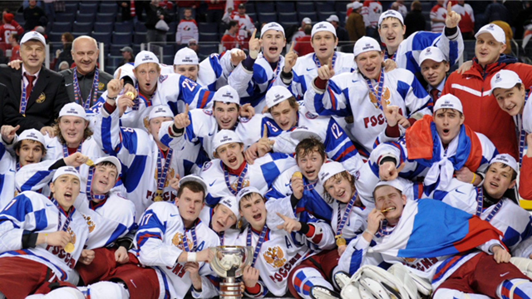 Jan. 5: Members of Team Russia pose for a group photo with their gold medal following their 5-3 victory over Team Canada in the IIHF World Junior Championship gold medal final hockey action in Buffalo, N.Y.