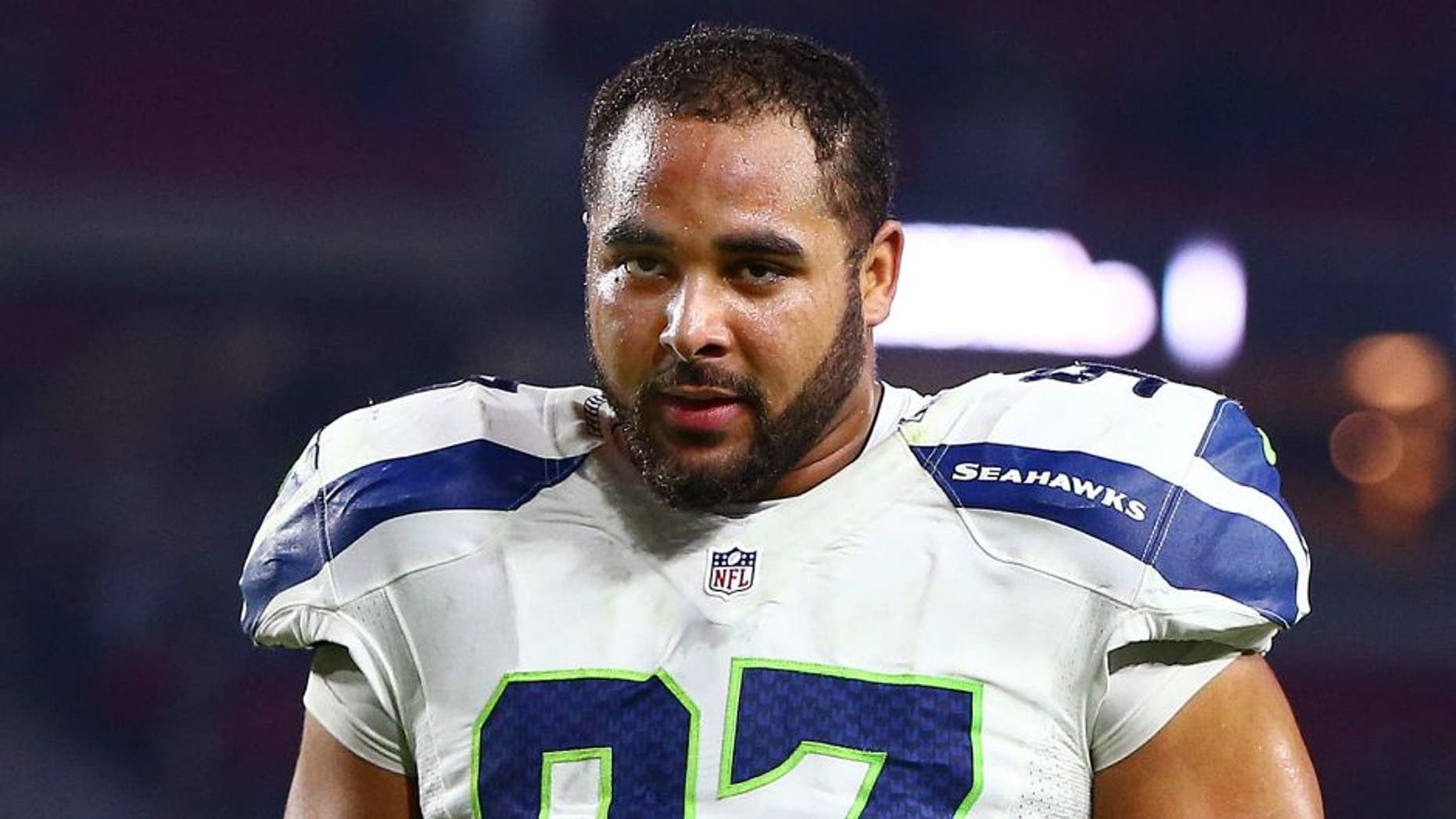 Dec 21, 2014; Glendale, AZ, USA; Seattle Seahawks defensive tackle Jordan Hill (97) against the Arizona Cardinals at University of Phoenix Stadium. The Seahawks defeated the Cardinals 35-6. Mandatory Credit: Mark J. Rebilas-USA TODAY Sports