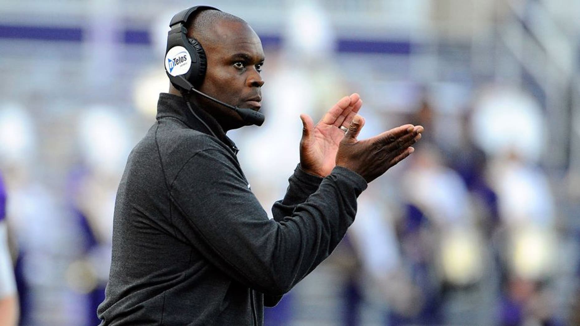 Oct 24, 2015; Harrisonburg, VA, USA; James Madison Dukes head coach Everett Withers looks on against the Richmond Spiders during the first half at Bridgeforth Stadium. Mandatory Credit: Brad Mills-USA TODAY Sports