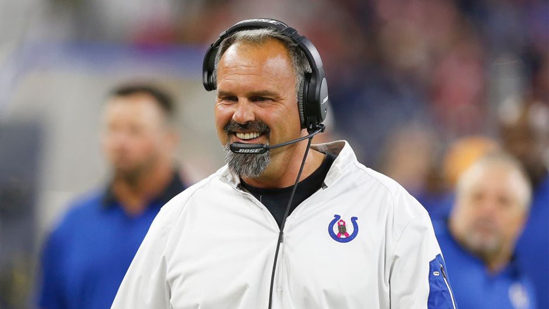 Oct 8, 2015; Houston, TX, USA; Indianapolis Colts defensive coordinator Greg Manusky on the sidelines prior to the game against the Houston Texans at NRG Stadium. Mandatory Credit: Matthew Emmons-USA TODAY Sports