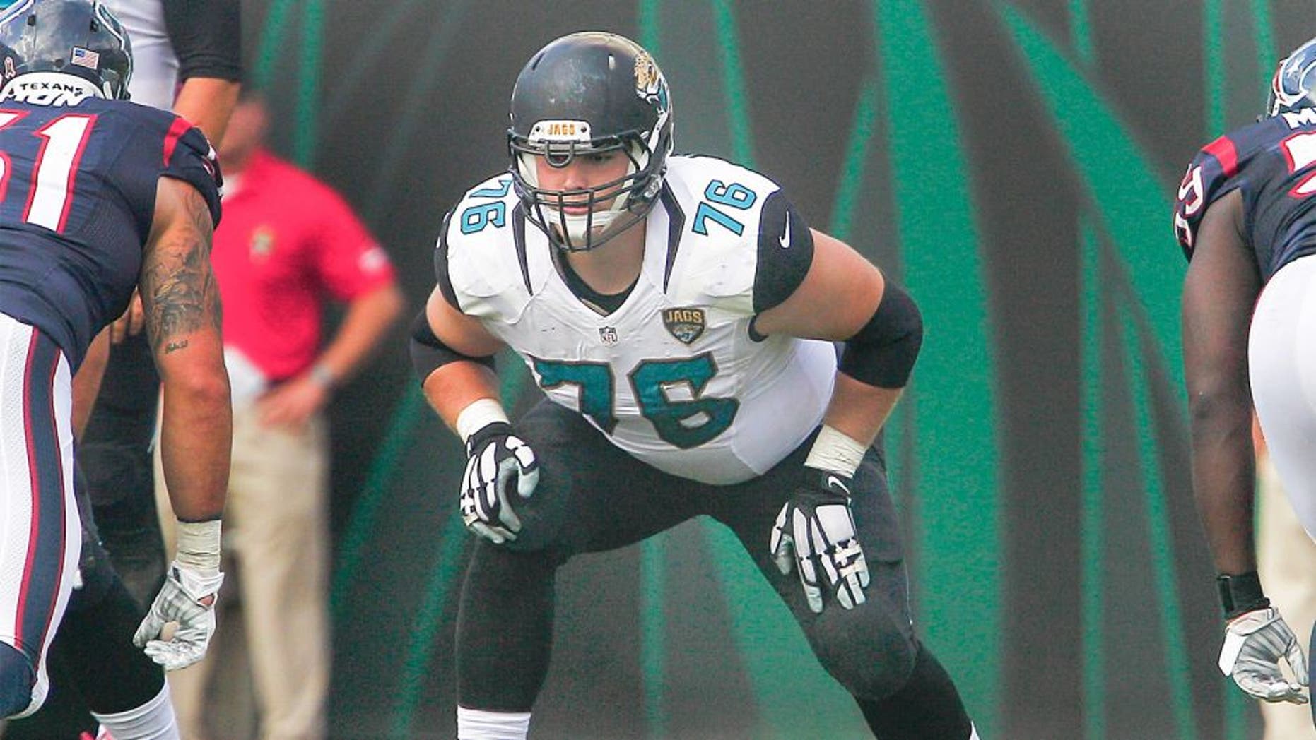 Oct 18, 2015; Jacksonville, FL, USA; Jacksonville Jaguars tackle Luke Joeckel (76) lines up during the second half of a football game against the Houston Texans at EverBank Field. Mandatory Credit: Reinhold Matay-USA TODAY Sports