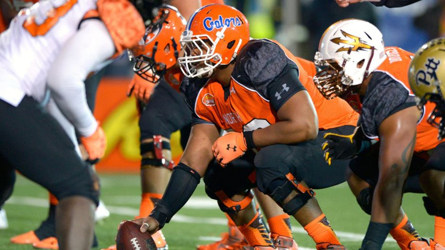 Jan 24, 2015; Mobile, AL, USA; North squad offensive center Max Garcia of Florida (66) waits to snap the ball against the South squad in the fourth quarter of the Senior Bowl at Ladd-Peebles Stadium. The North won, 34-13. Mandatory Credit: Glenn Andrews-USA TODAY Sports
