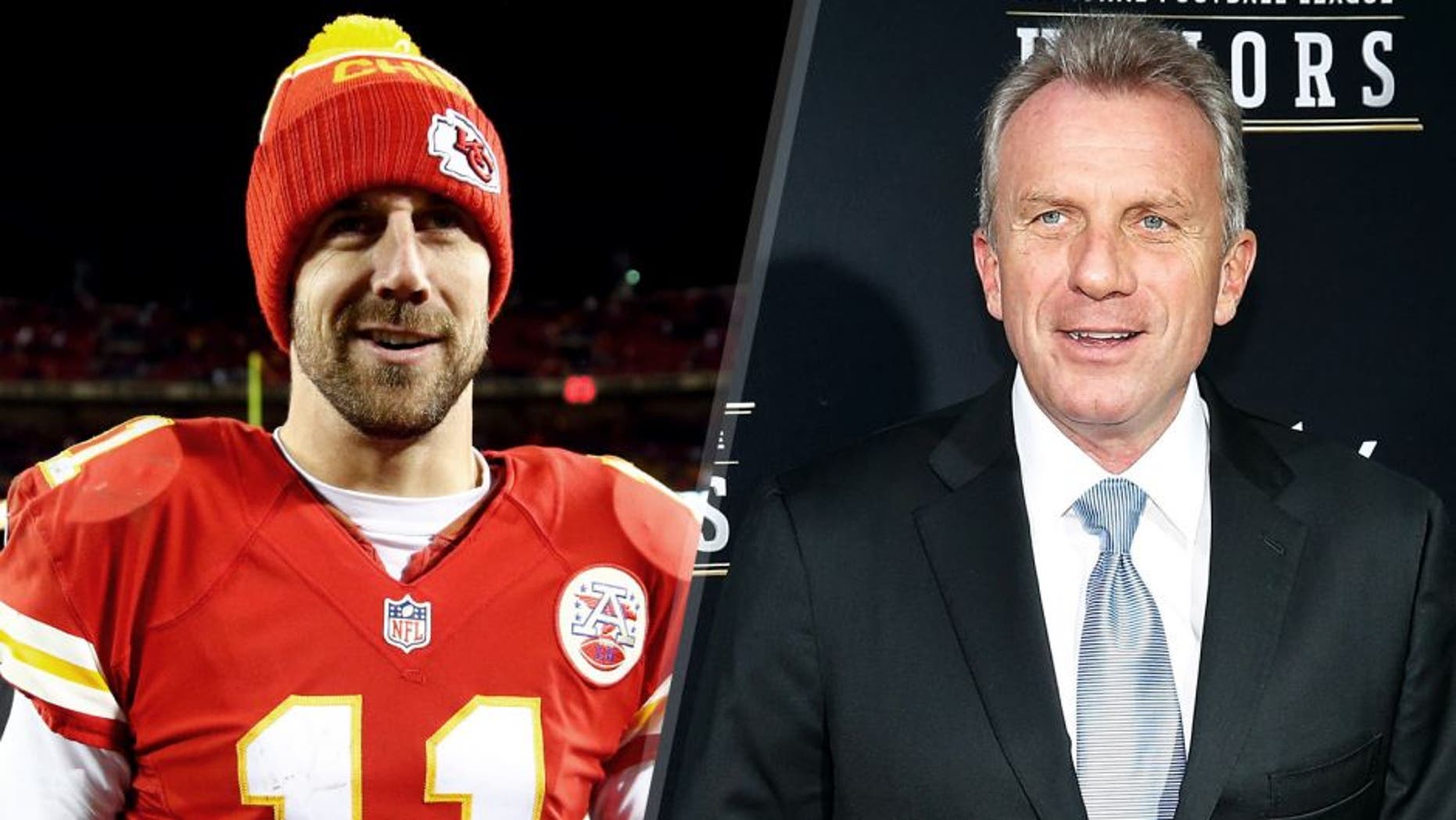 KANSAS CITY, MO - JANUARY 3: Alex Smith #11 of the Kansas City Chiefs walks off the field after the game against the Oakland Raiders at Arrowhead Stadium during on January 3, 2016 in Kansas City, Missouri. (Photo by Jamie Squire/Getty Images) NEW ORLEANS, LA - FEBRUARY 2: Joe Montana attends the 2nd Annual NFL Honors at the Mahalia Jackson Theater on February 2, 2013 in New Orleans, Louisiana. (Photo by Tyler Kaufman/WireImage)