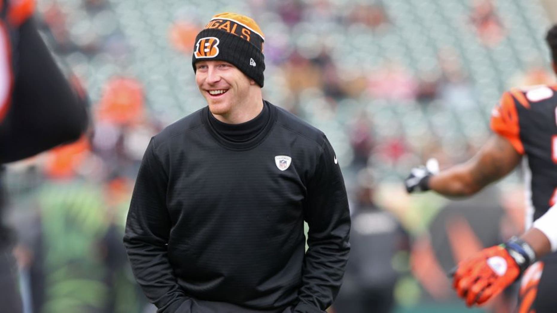 Jan 3, 2016; Cincinnati, OH, USA; Cincinnati Bengals quarterback Andy Dalton (14) looks on during warmups prior to the game against the Baltimore Ravens at Paul Brown Stadium. Mandatory Credit: Aaron Doster-USA TODAY Sports