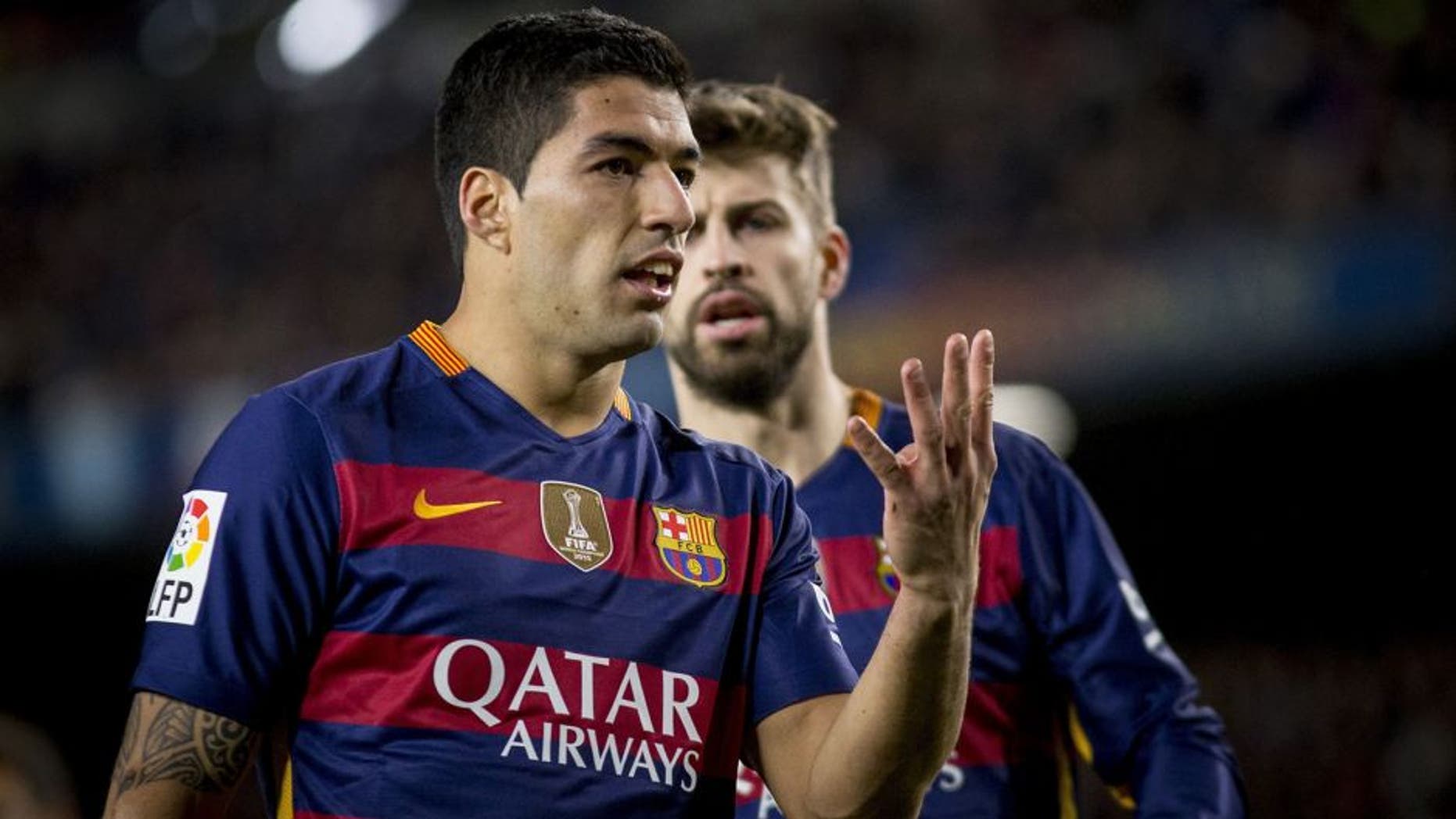 BARCELONA, SPAIN - JANUARY 6 : Barcelona's Luis Suarez gestures during the Spanish Copa del Rey (King's Cup) round of 16 first leg football match between FC Barcelona vs RCD Espanyol at the Camp Nou stadium in Barcelona on January 6, 2016. (Photo by Albert Llop/Anadolu Agency/Getty Images)