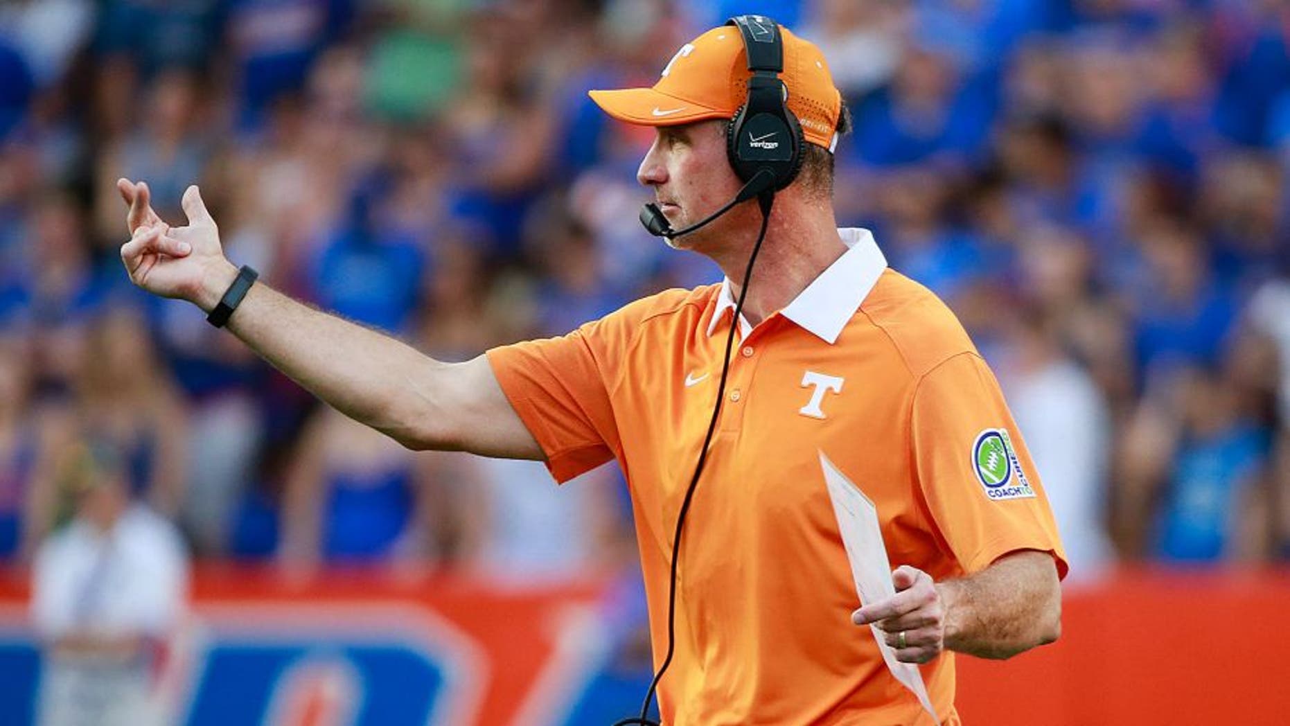 Sep 26, 2015; Gainesville, FL, USA; Tennessee Volunteers defensive coordinator John Jancek during the second half at Ben Hill Griffin Stadium. Florida Gators defeated the Tennessee Volunteers 28-27. Mandatory Credit: Kim Klement-USA TODAY Sports