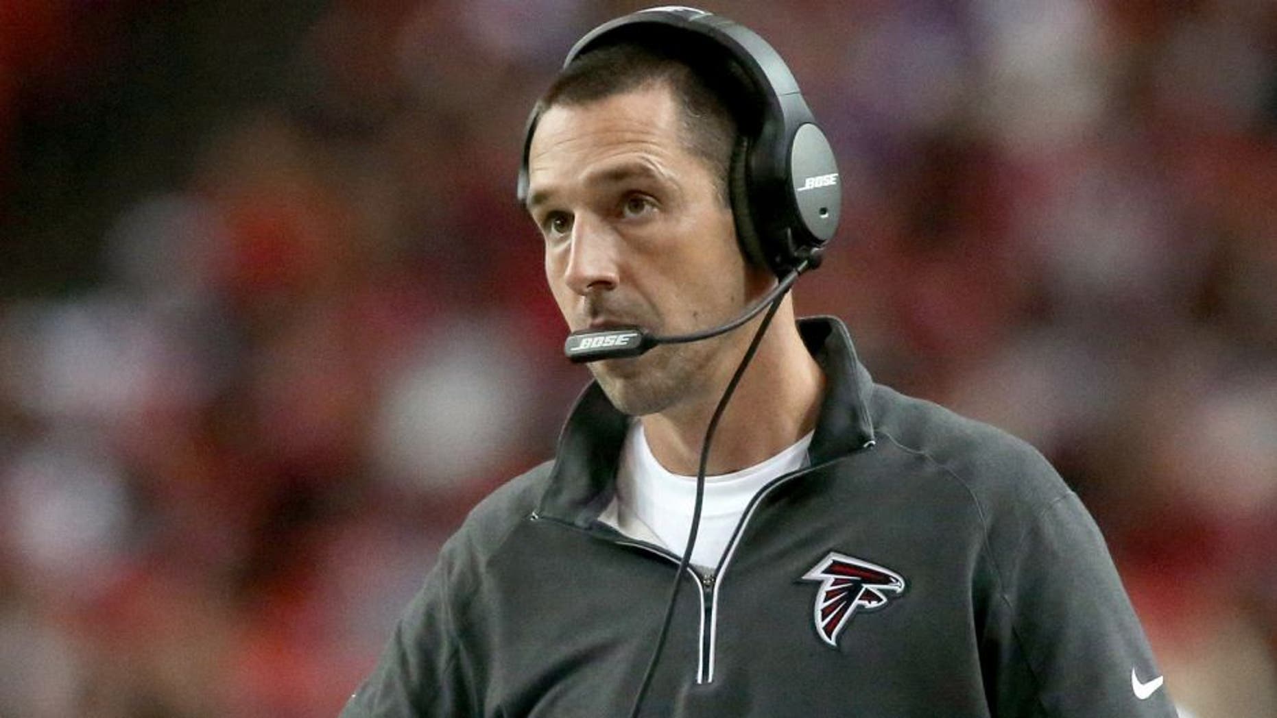 Nov 29, 2015; Atlanta, GA, USA; Atlanta Falcons offensive coordinator Kyle Shanahan is shown on the sideline in the third quarter of their game against the Minnesota Vikings at the Georgia Dome. The Vikings won 20-10. Mandatory Credit: Jason Getz-USA TODAY Sports