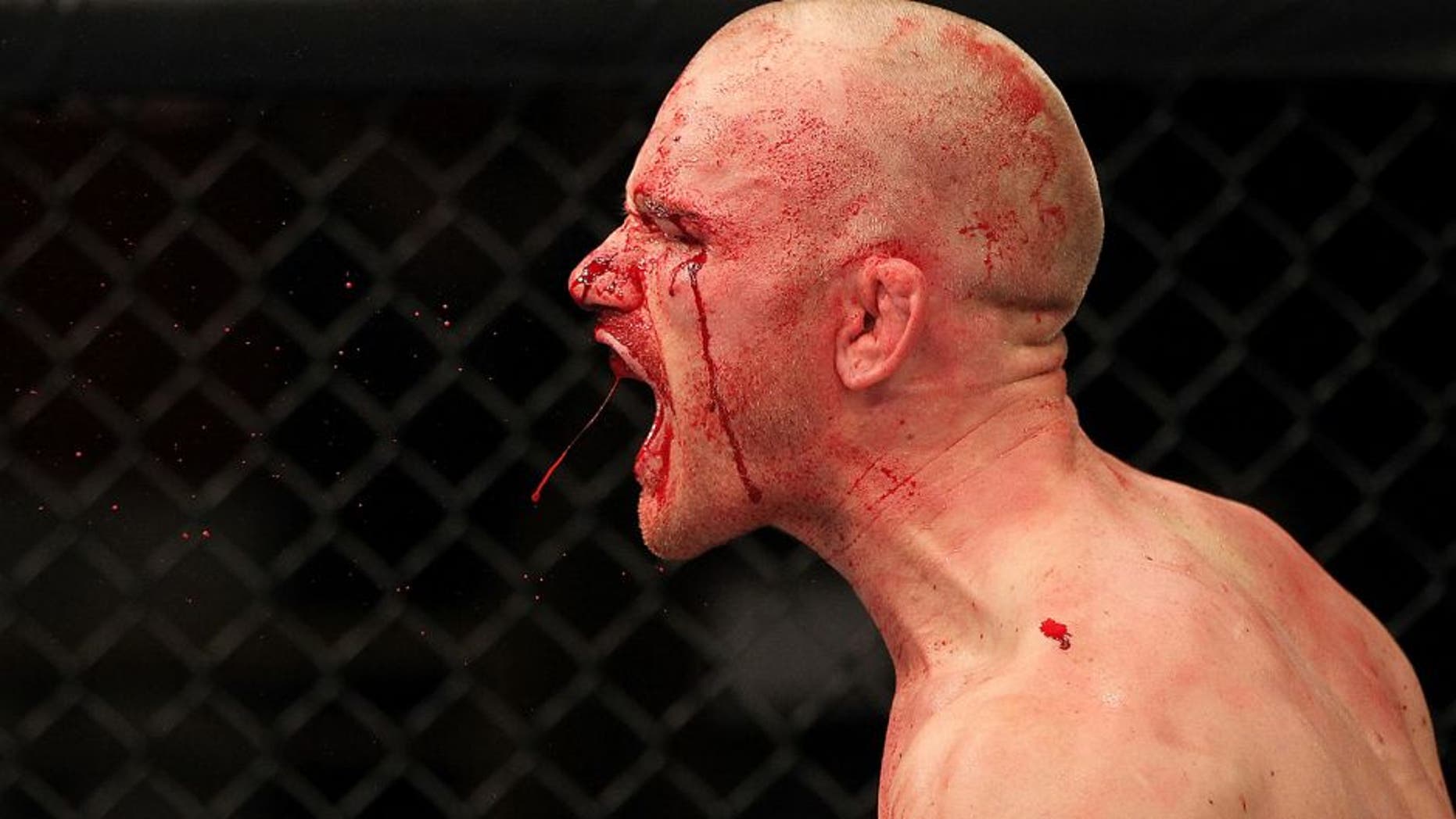 LAS VEGAS, NV - JUNE 01: Martin Kampmann reacts to his knockout victory in a Welterweight bout against Jake Ellenberger during The Ultimate Fighter Live Finale at the Pearl Theater at the Palms Casino Resort on June 1, 2012 in Las Vegas, Nevada. (Photo by Josh Hedges/Zuffa LLC/Zuffa LLC via Getty Images)