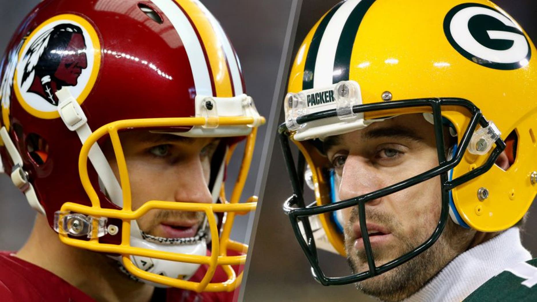 ARLINGTON, TX - JANUARY 03: Kirk Cousins #8 of the Washington Redskins looks on before the Redskins take on the Dallas Cowboys at AT&T Stadium on January 3, 2016 in Arlington, Texas. (Photo by Ronald Martinez/Getty Images) GREEN BAY, WI - JANUARY 03: Aaron Rodgers #12 of the Green Bay Packers looks on prior to the game against the Minnesota Vikings at Lambeau Field on January 3, 2016 in Green Bay, Wisconsin. (Photo by Jon Durr/Getty Images)