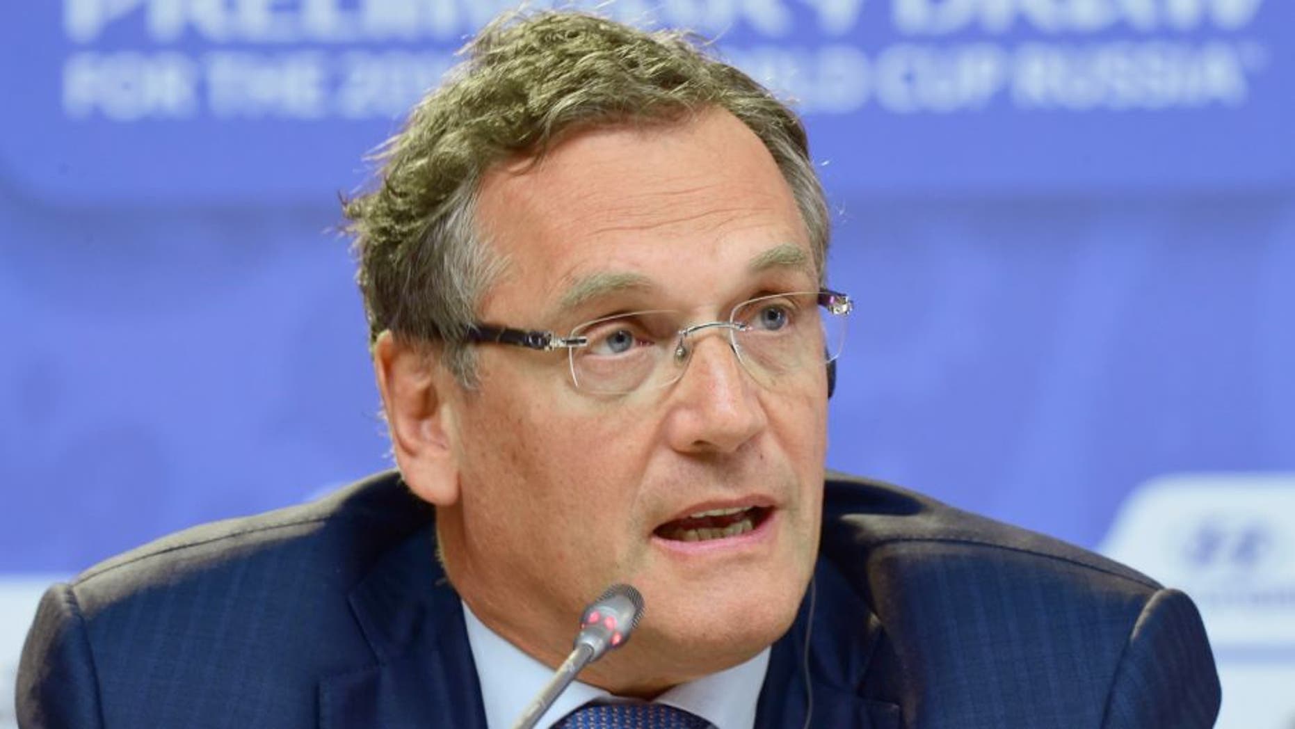 SAINT PETERSBURG, RUSSIA - JULY 24: FIFA Secretary-General Jerome Valcke speaks during a philatelic programme launch press conference ahead of the preliminary draw of the 2018 FIFA World Cup in Russia at Konstantin Palace on July 24, 2015 in Saint Petersburg, Russia. (Photo by Shaun Botterill/Getty Images)