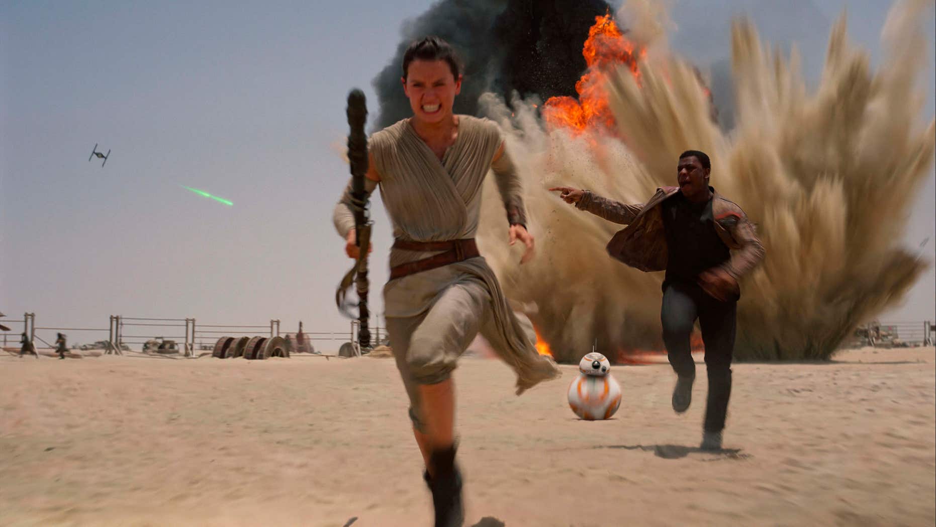 FILE- This undated file photo provided by Disney shows Daisey Ridley as Rey, left, and John Boyega as Finn, in a scene from the film, "Star Wars: The Force Awakens."