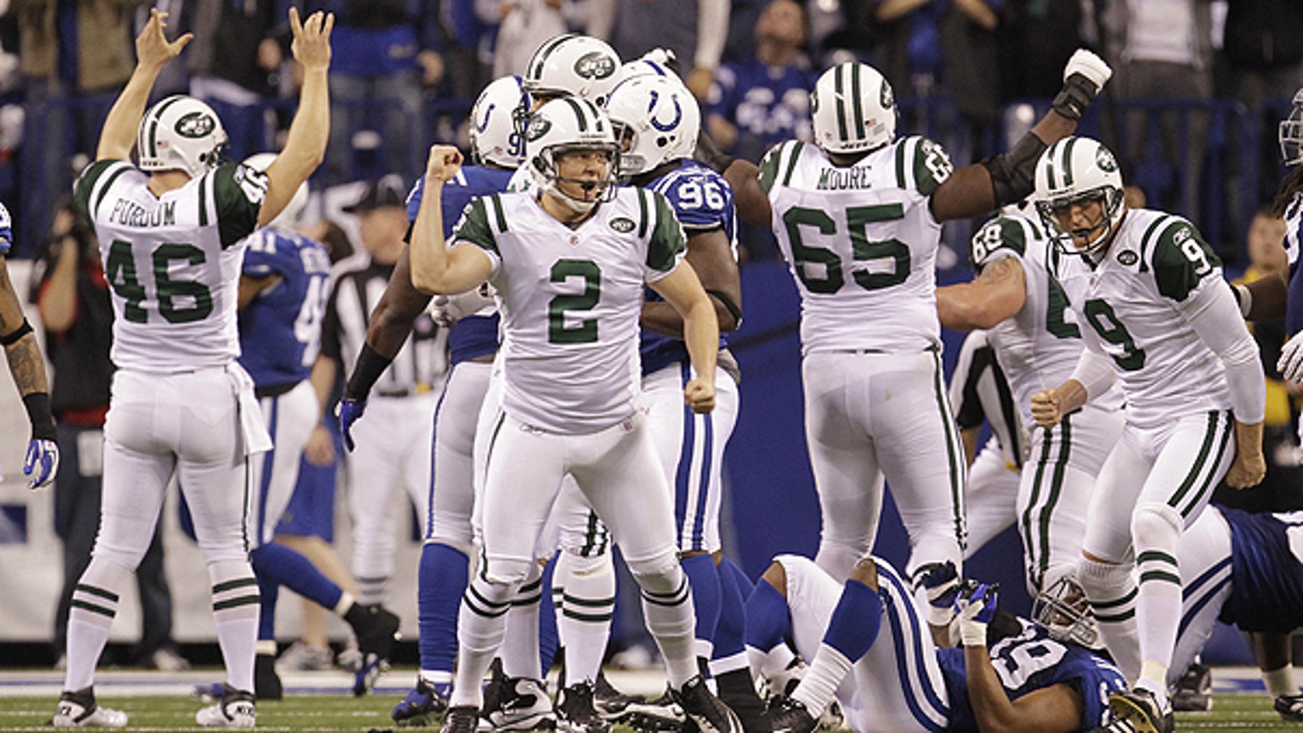 Jan. 8: New York Jets place kicker Nick Folk (2) reacts after kicking the game winning 32-yard field goal during the fourth quarter of an NFL AFC wild card football playoff game against the Indianapolis Colts in Indianapolis.