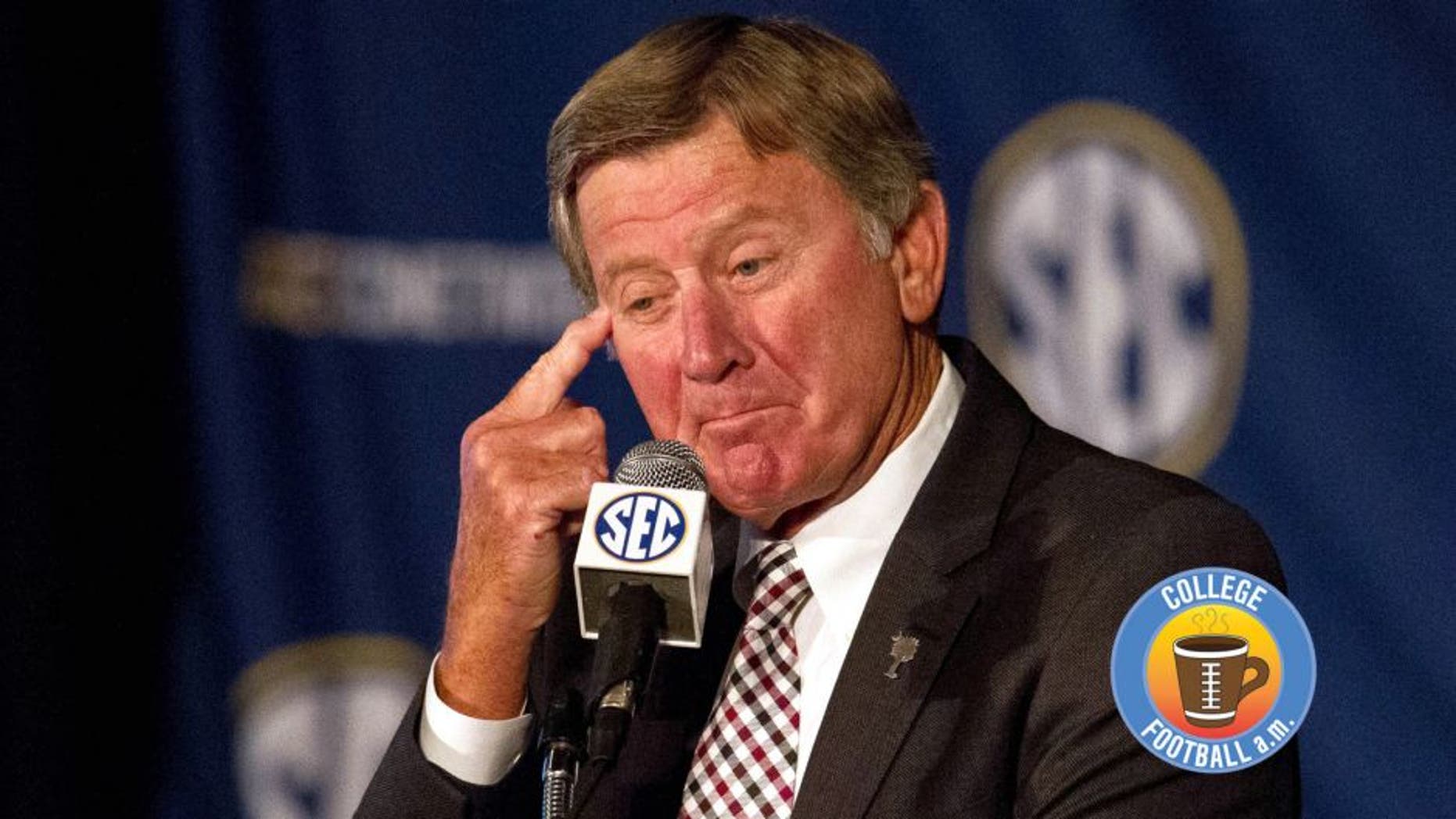 Jul 15, 2014; Hoover, AL, USA; South Carolina Gamecocks head coach Steve Spurrier talks to the media during the SEC Football Media Days at the Wynfrey Hotel. Mandatory Credit: Marvin Gentry-USA TODAY Sports