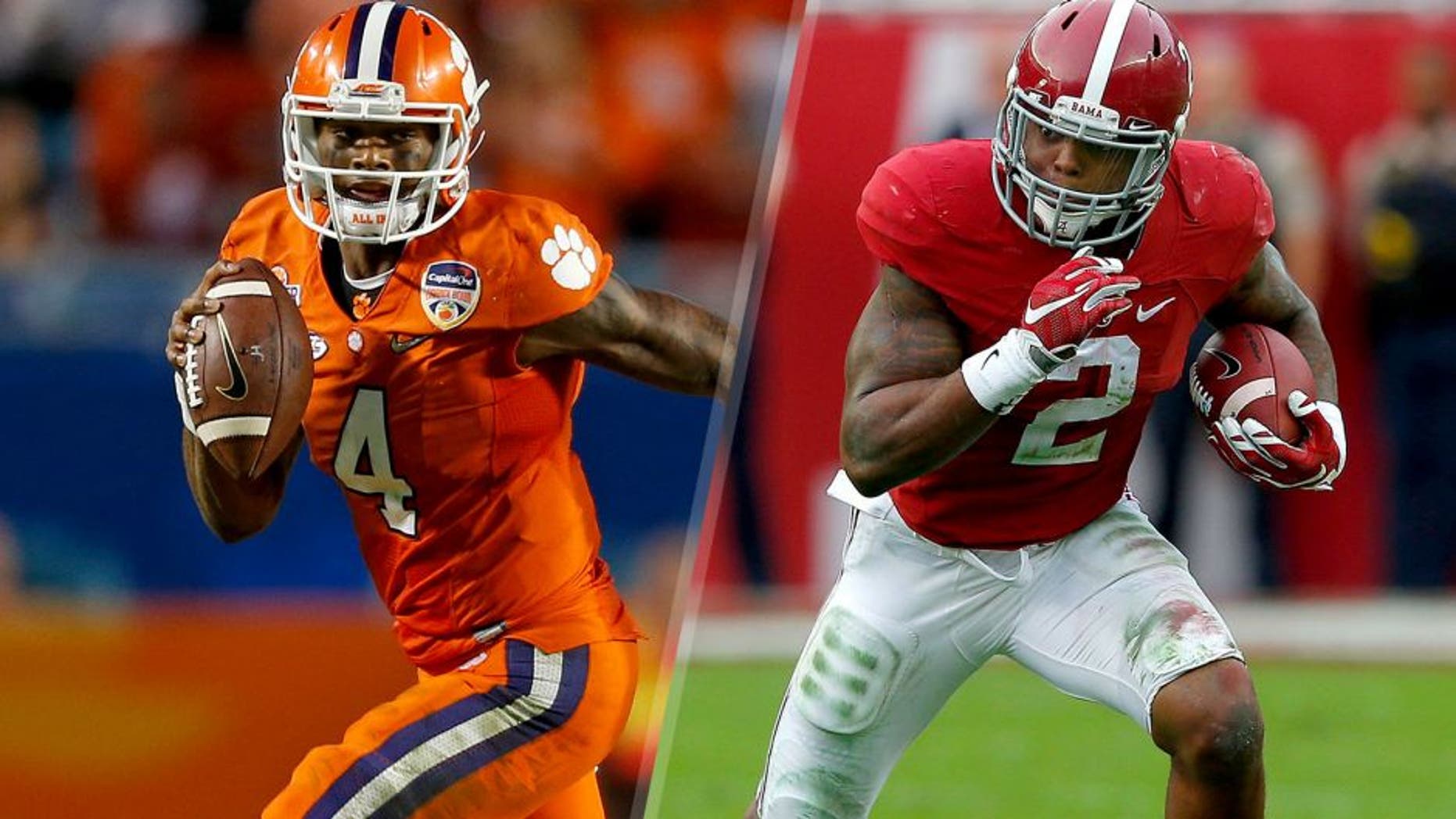 MIAMI GARDENS, FL - DECEMBER 31: Deshaun Watson #4 of the Clemson Tigers runs with the ball against the Oklahoma Sooners during the 2015 Capital One Orange Bowl at Sun Life Stadium on December 29, 2015 in Miami Gardens, Florida. Clemson defeated Oklahoma 37-17. (Photo by Joel Auerbach/Getty Images) TUSCALOOSA, AL - NOVEMBER 21: Derrick Henry #2 of the Alabama Crimson Tide rushes against the Charleston Southern Buccaneers at Bryant-Denny Stadium on November 21, 2015 in Tuscaloosa, Alabama. (Photo by Kevin C. Cox/Getty Images)